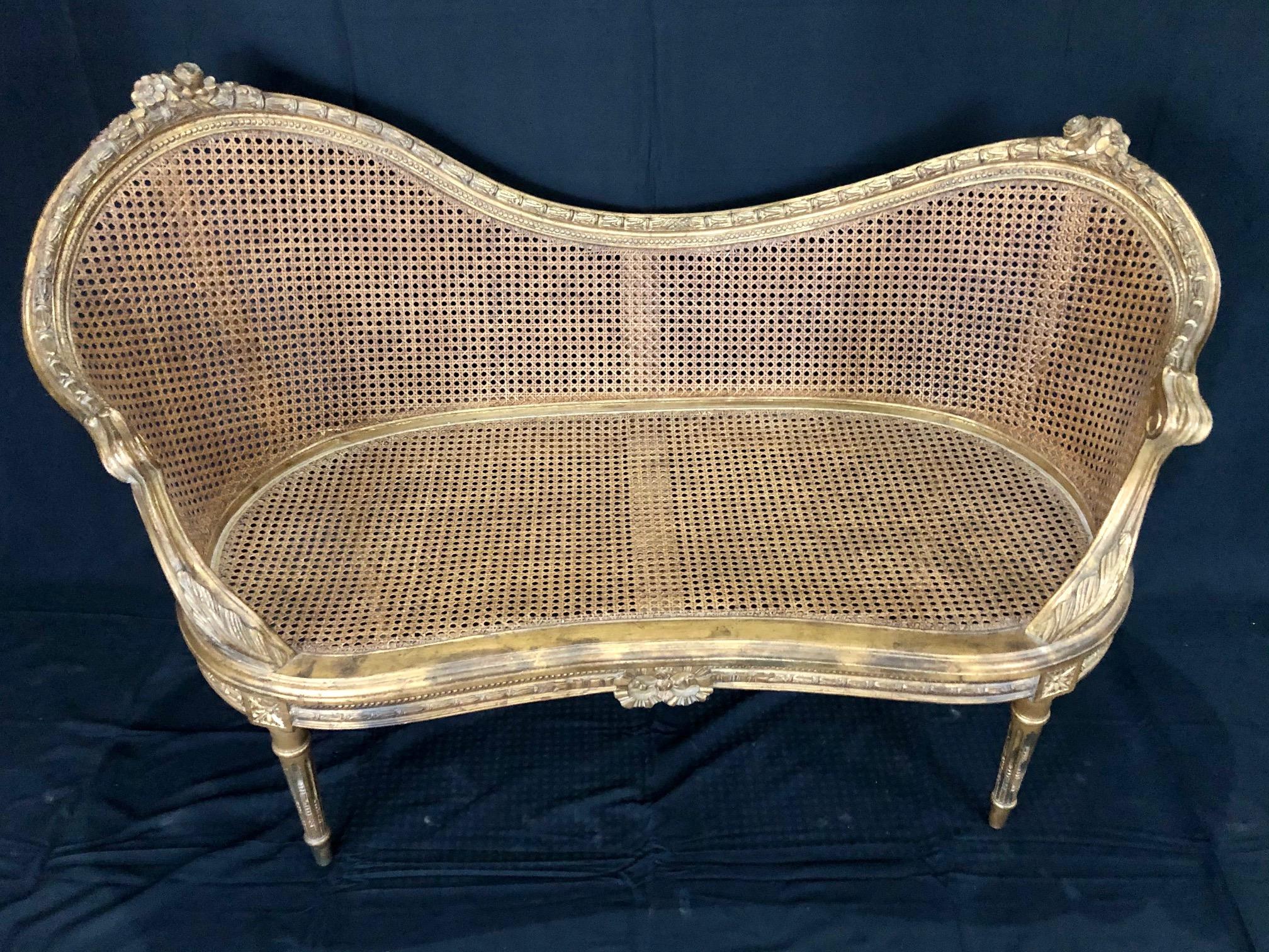 Divine Curved Back French 19th Century Louis XV Style Gilt Caned Loveseat Settee 2