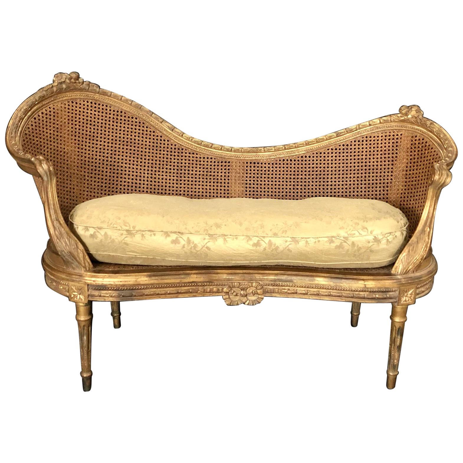 Divine Curved Back French 19th Century Louis XV Style Gilt Caned Loveseat Settee