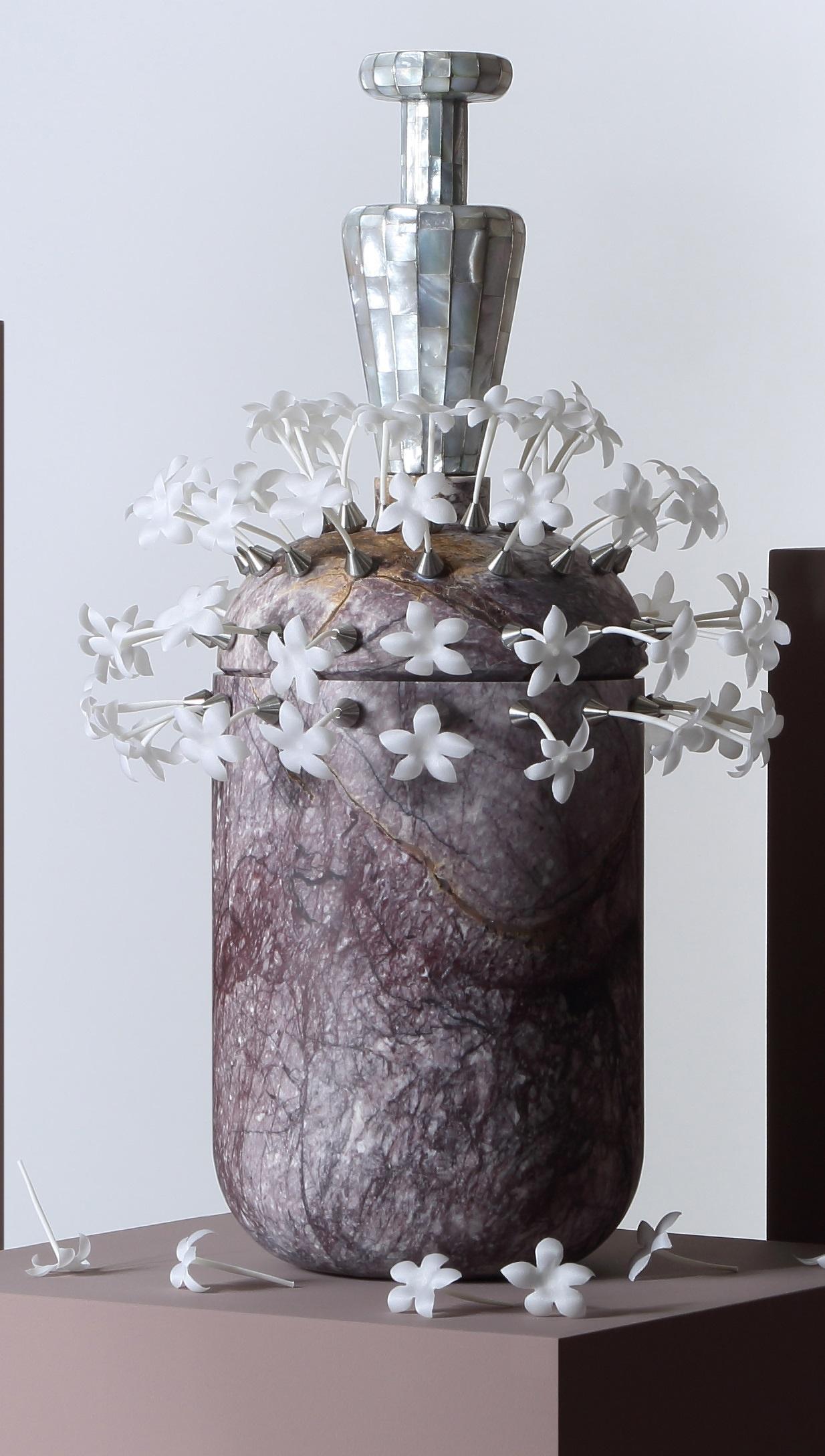 Divine Decadence 1 Multifunctional Object in New York Stone by Richard Yasmine
Dimensions: Vase: Ø 20 x H 34 cm.
Base: Ø 12 x H 16,5 cm.
Head: Ø 7,5 x H 23 cm.
Candleholder: Ø 5 x H 6 cm.
Materials: New York stone, steel, silk, wood, silver, and