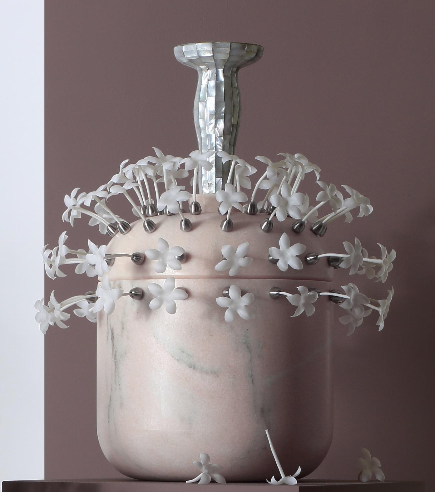 Divine Decadence 2 Multifunctional Object in Aurore Marble by Richard Yasmine
Dimensions: Vase: Ø 24 x H 28 cm.
Base: Ø 12 x H 14,5 cm.
Head: Ø 8 x H 19 cm.
Candleholder: Ø 5 x H 6 cm.
Materials: Rose Aurore marble, steel, wood, silver, and mother