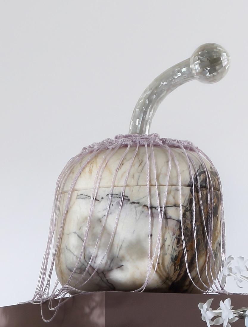 Divine Decadence 4 Multifunctional Object in New York Stone by Richard Yasmine
Dimensions: Vase: Ø 24 x H 24 cm.
Base: Ø 8 x H 21,5 cm.
Head: Ø 5,5 x H 19 cm.
Candleholder: Ø 5 x H 6 cm.
Materials: New York stone, thread, wood, and mother of