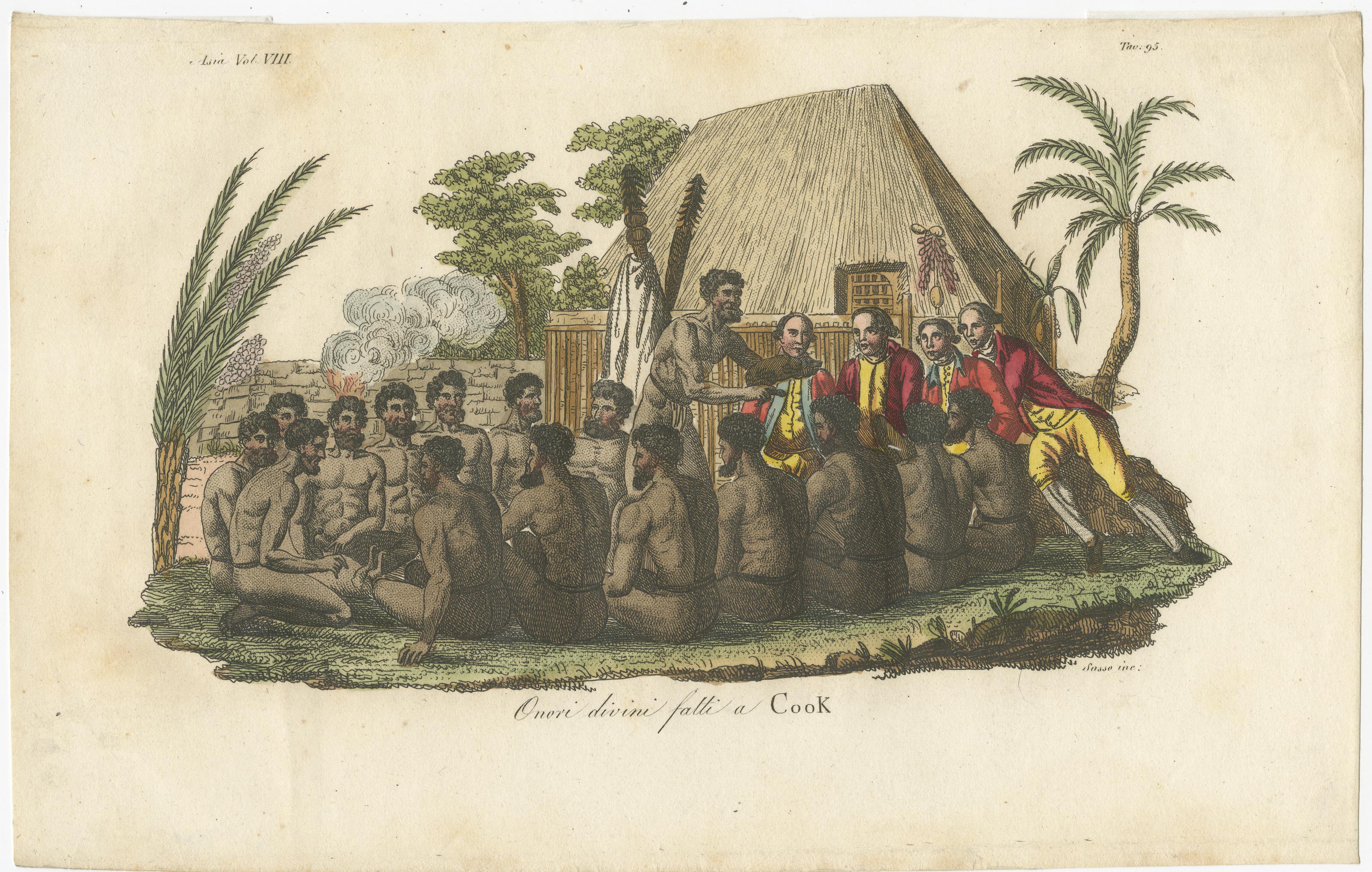 Kapitän Cook werden göttliche Ehren zuteil: Eine feierliche Begegnung, um 1820 im Zustand „Gut“ im Angebot in Langweer, NL