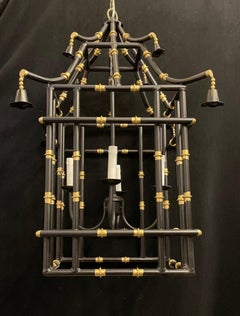 Divine Large Pair Black & Gold Gilt Pagoda Bamboo Chinoiserie Lanterns Fixtures