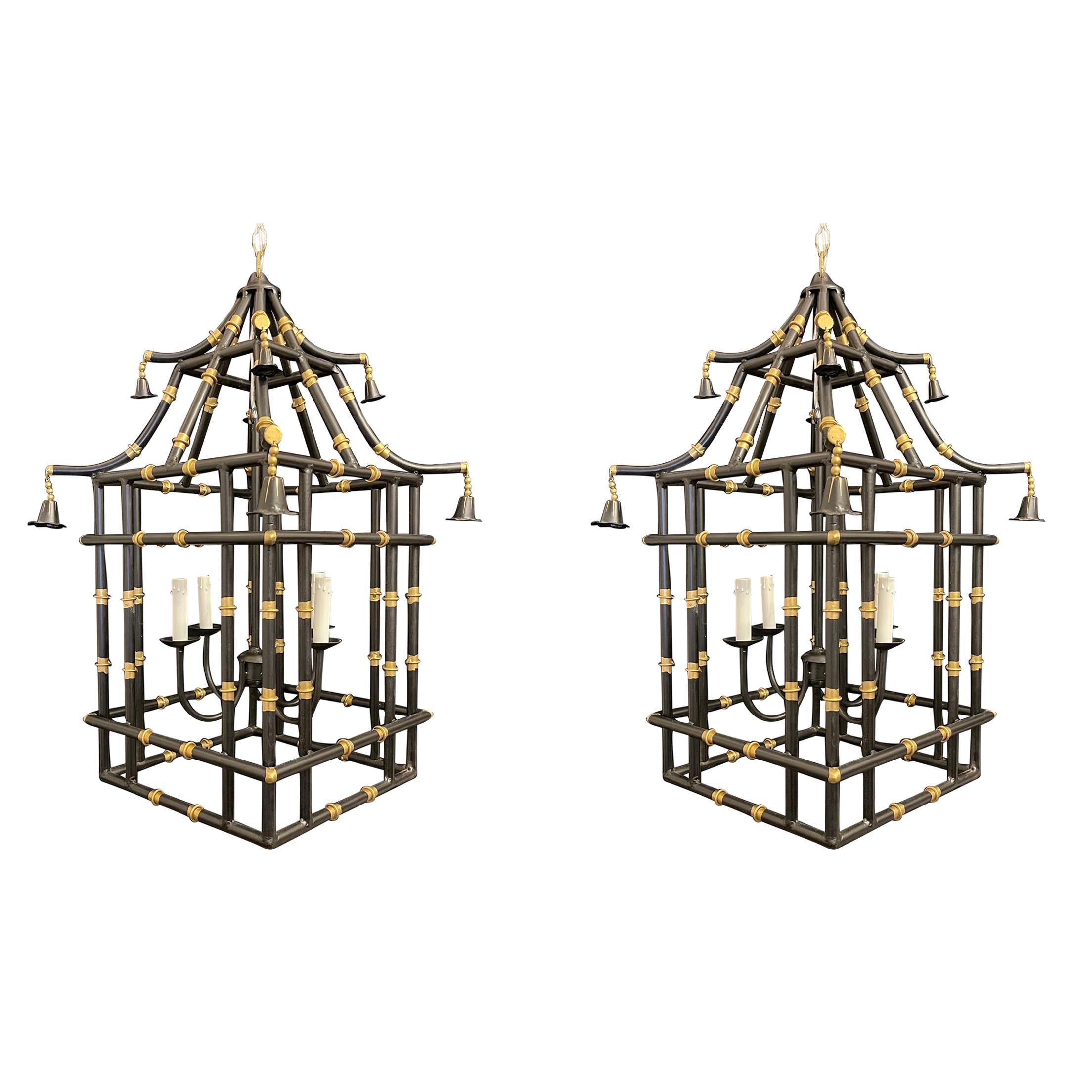 Divine Large Pair Black & Gold Gilt Pagoda Bamboo Chinoiserie Lanterns Fixtures