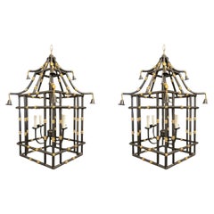 Divine Large Pair Black & Gold Gilt Pagoda Bamboo Chinoiserie Lanterns Fixtures