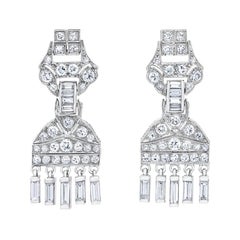 Divine One-of-a-Kind Deco Diamond Dangling Baguette Platinum Earrings