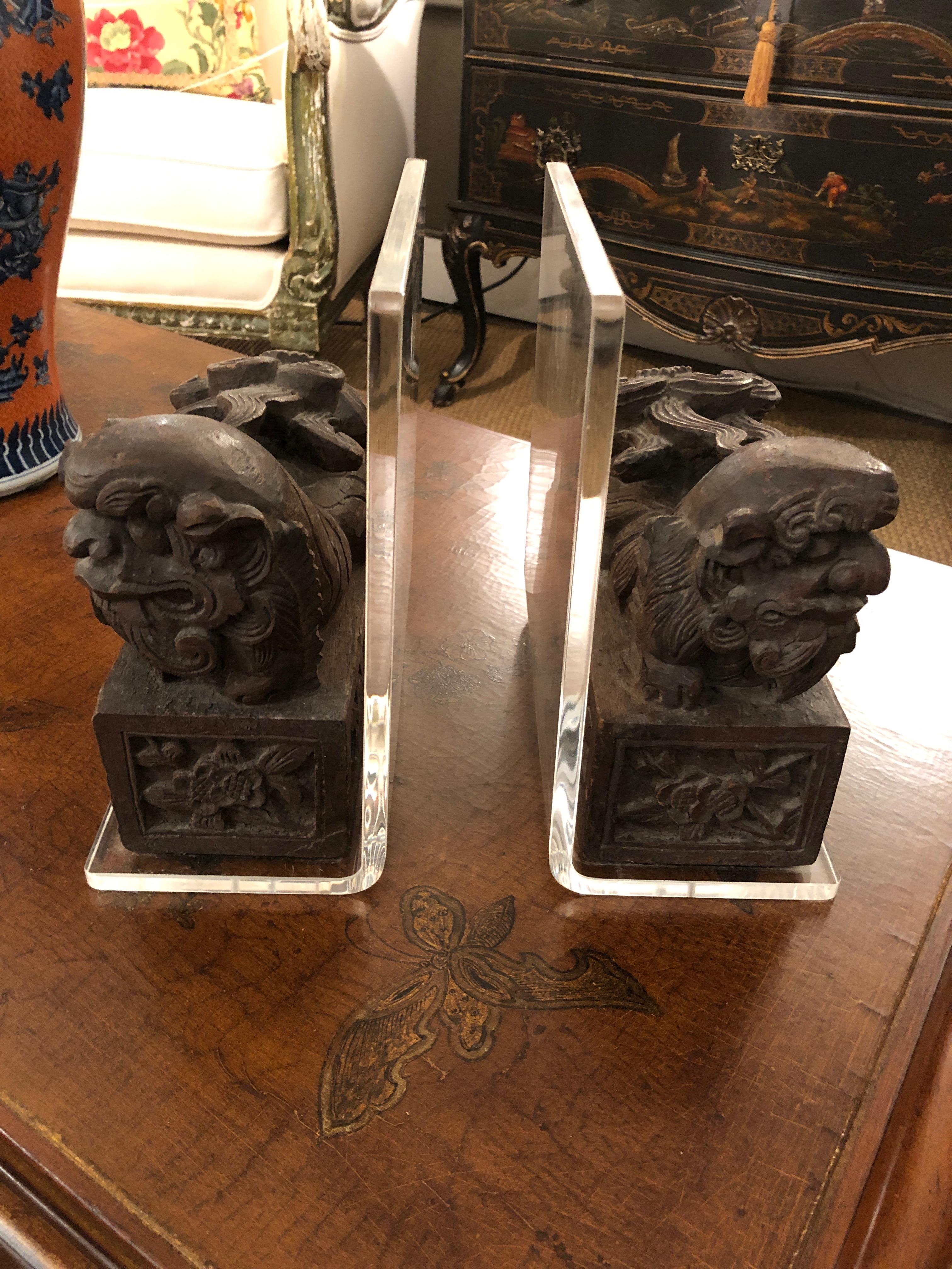 Chinese Export Divine Pair of Carved Wood Foo Dogs and Lucite Bookends For Sale