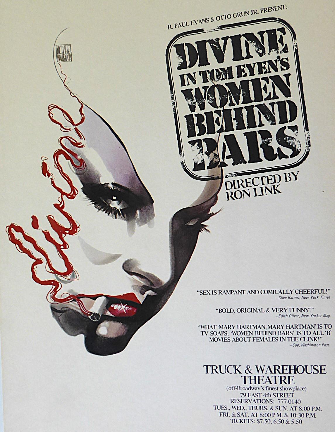 Dell'oltraggiosa e favolosa drag queen e attore della controcultura Divine (1945-1988), poster delle opere teatrali Women Behind Bars (+ foto 8 x 10) e The Neon Woman di Tom Eyen e un poster del film cult Pink Flamingos di John Waters. Il poster di