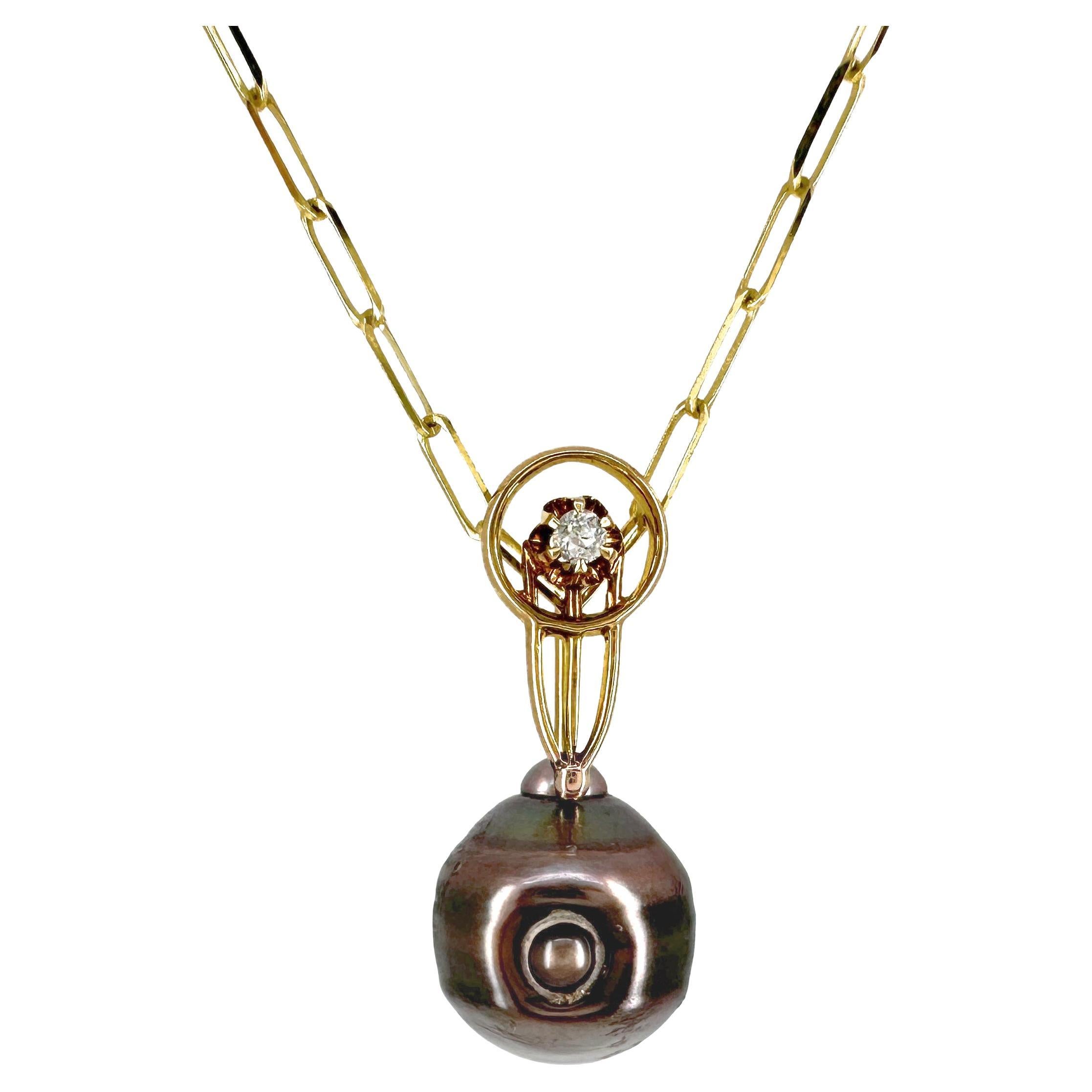 "Diving Bell" Black Pearl Pendant with Art Deco Stickpin Top & Paper Clip Chain