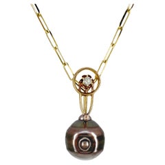 "Diving Bell" Black Pearl Pendant with Art Deco Stickpin Top & Paper Clip Chain