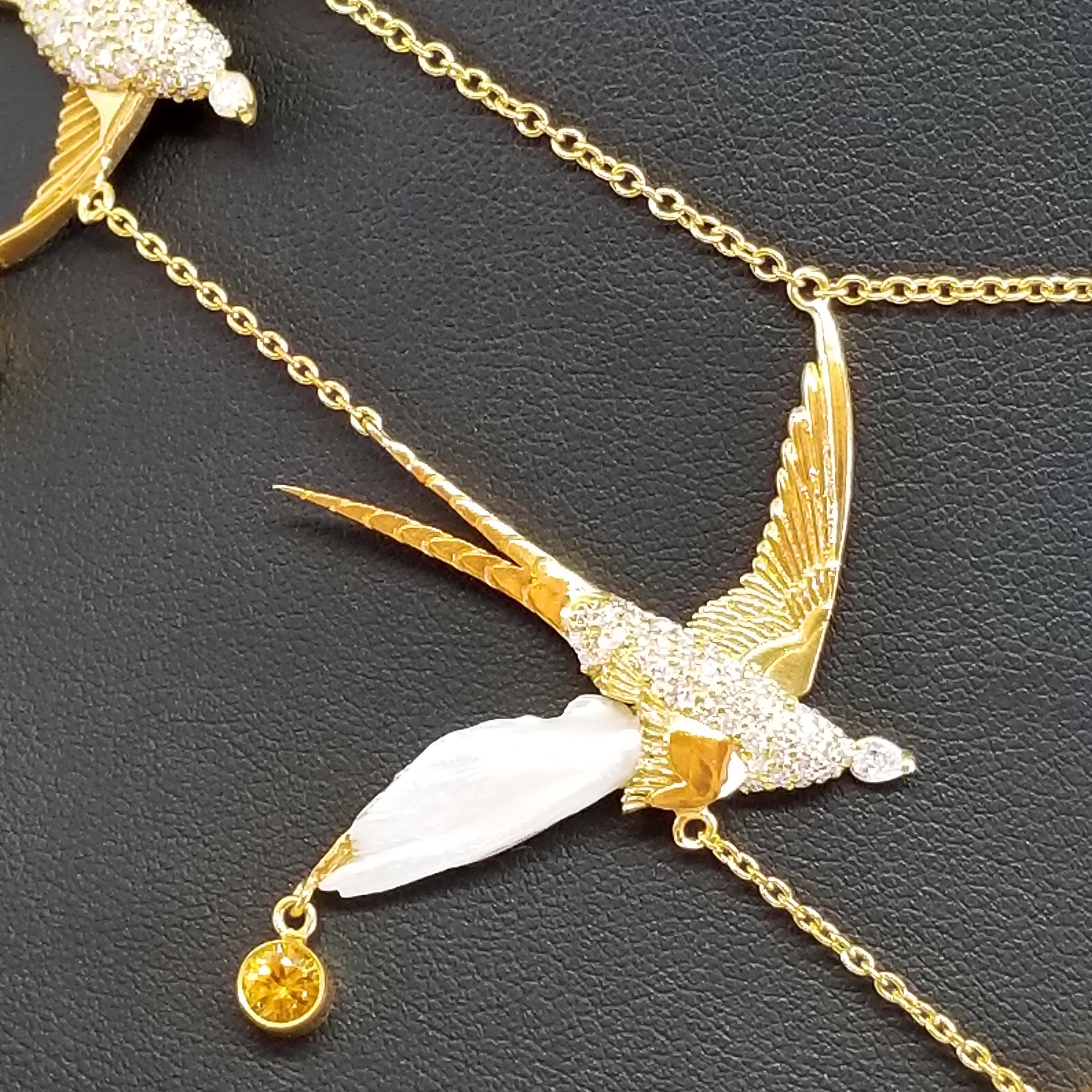 Diving Swallow Birds 16.90 Carat Diamond Natural Pearl Sapphire Garnet 18K For Sale 8
