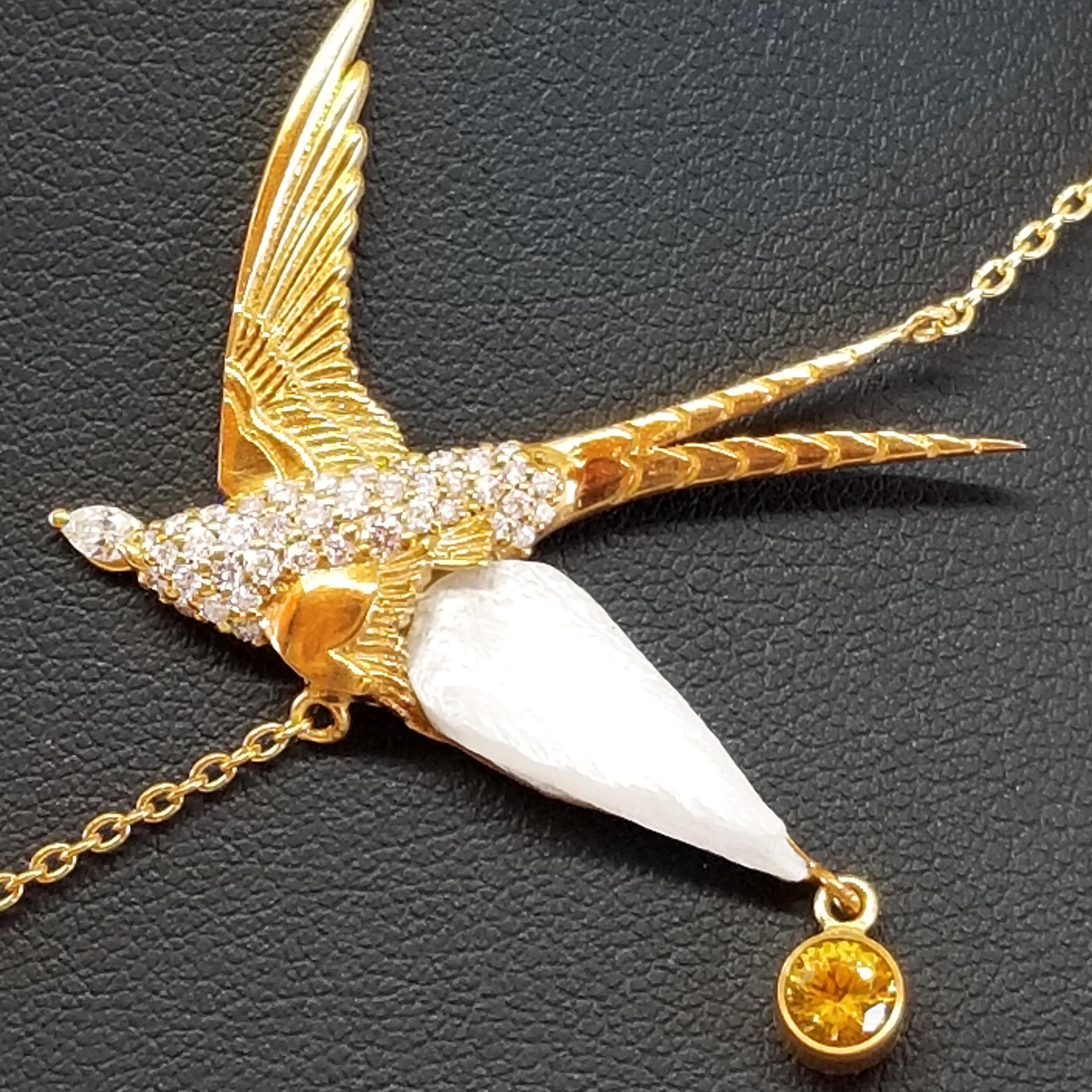 Artisan Diving Swallow Birds 16.90 Carat Diamond Natural Pearl Sapphire Garnet 18K For Sale