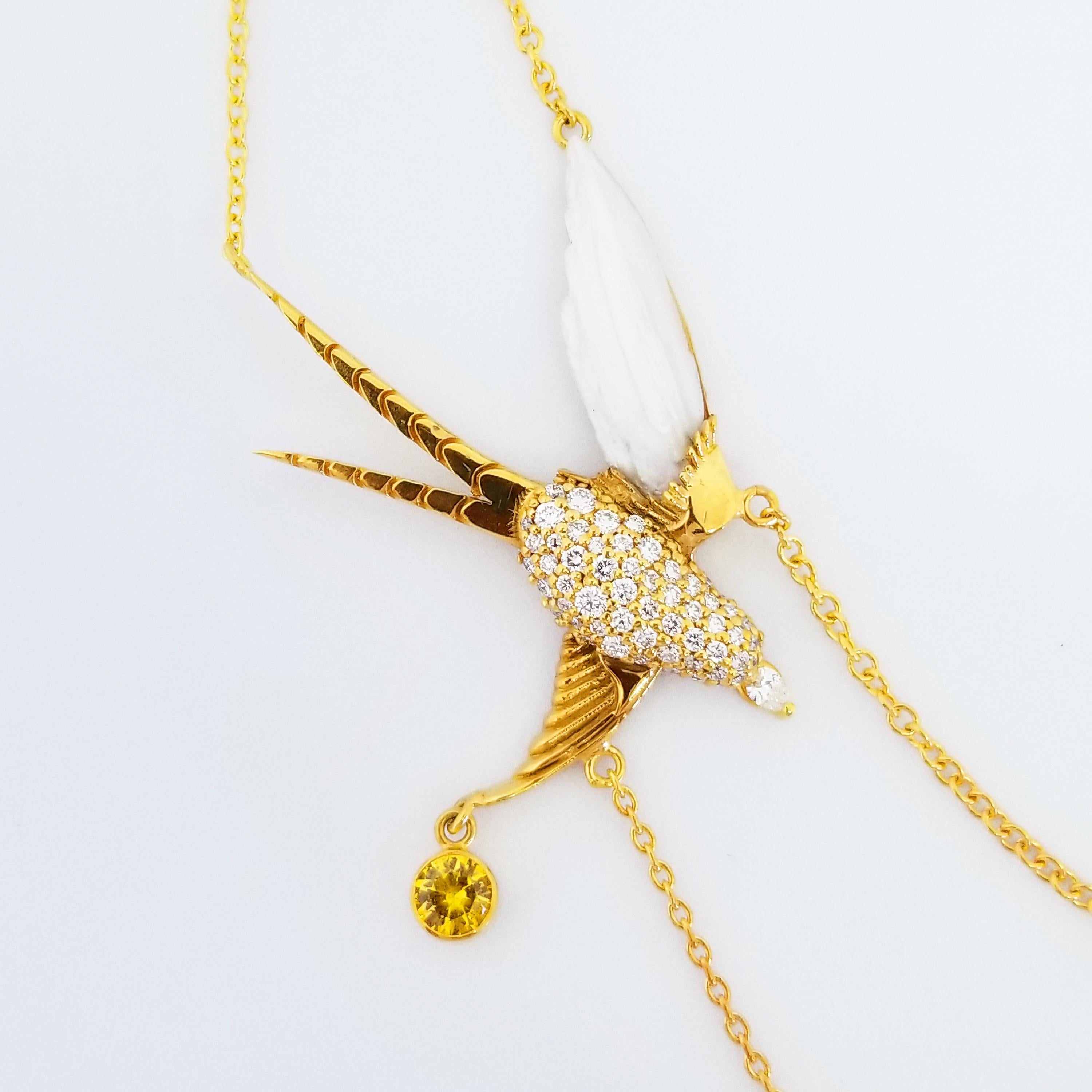 Women's or Men's Diving Swallow Birds 16.90 Carat Diamond Natural Pearl Sapphire Garnet 18K For Sale