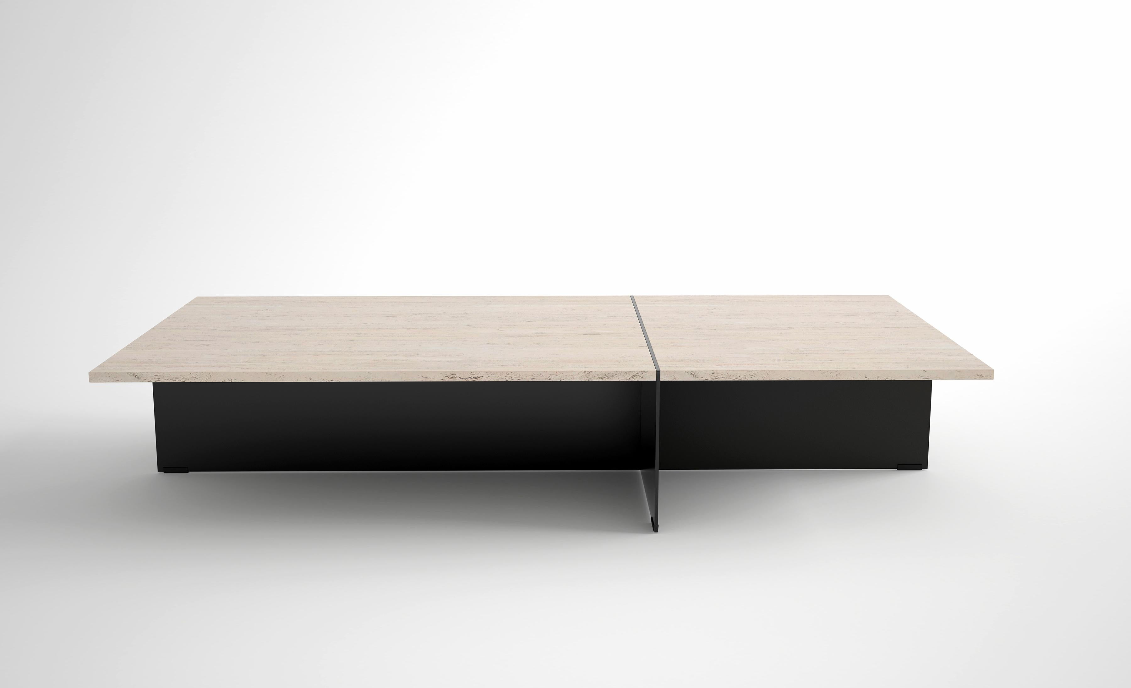 Listed price is for the Division Coffee Table- Rectangular coffee table with either a travertine, white carrara, or negro marquna top, and Flat Black or Flat White powder coat base. 

Prices exclude packing.

Collection of architecturally