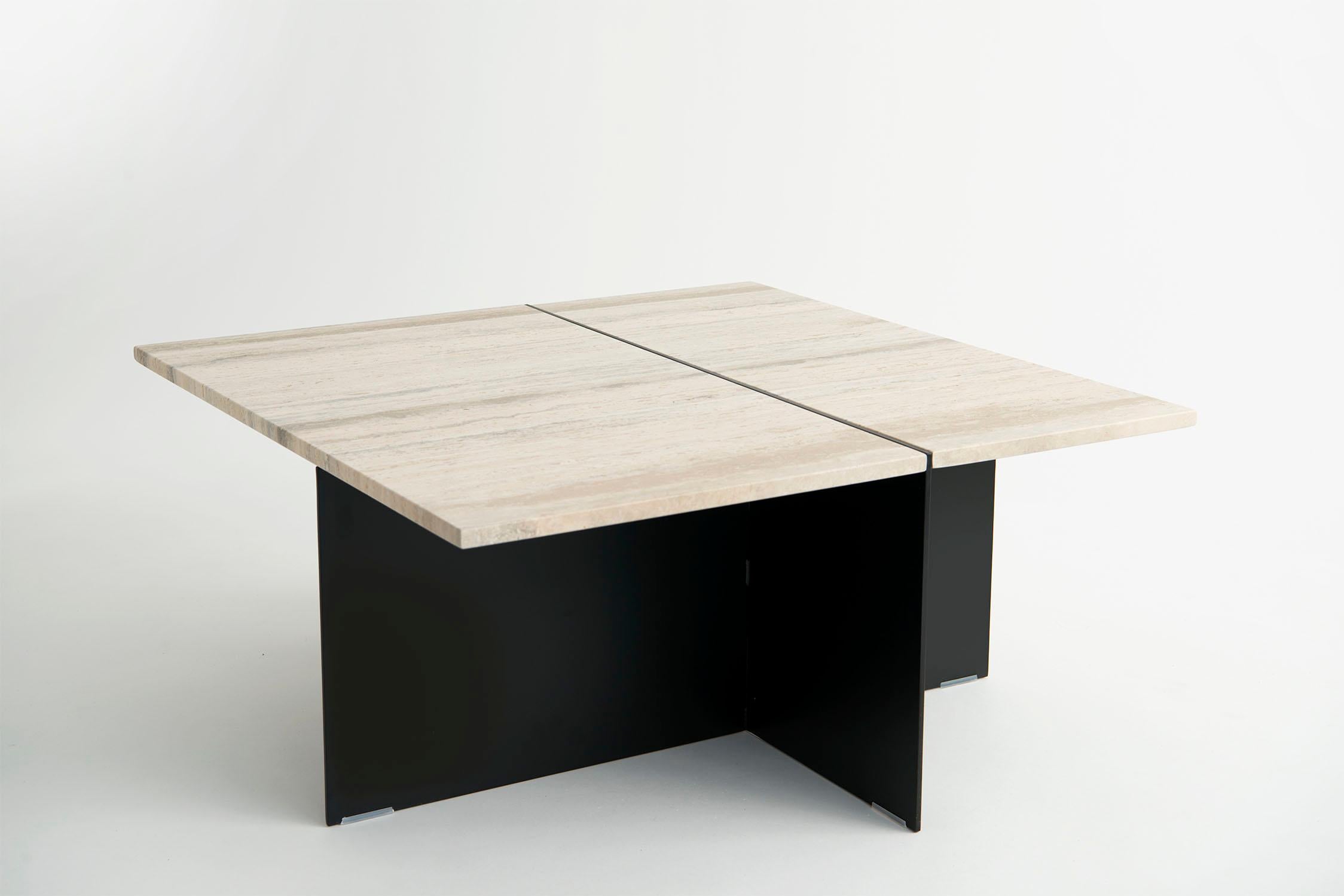 Listed price is for the Division Coffee Table- Square coffee table with either a travertine, white carrara, or negro marquna top, and Flat Black or Flat White powder coat base. 

Collection of architecturally inspired side and coffee tables,