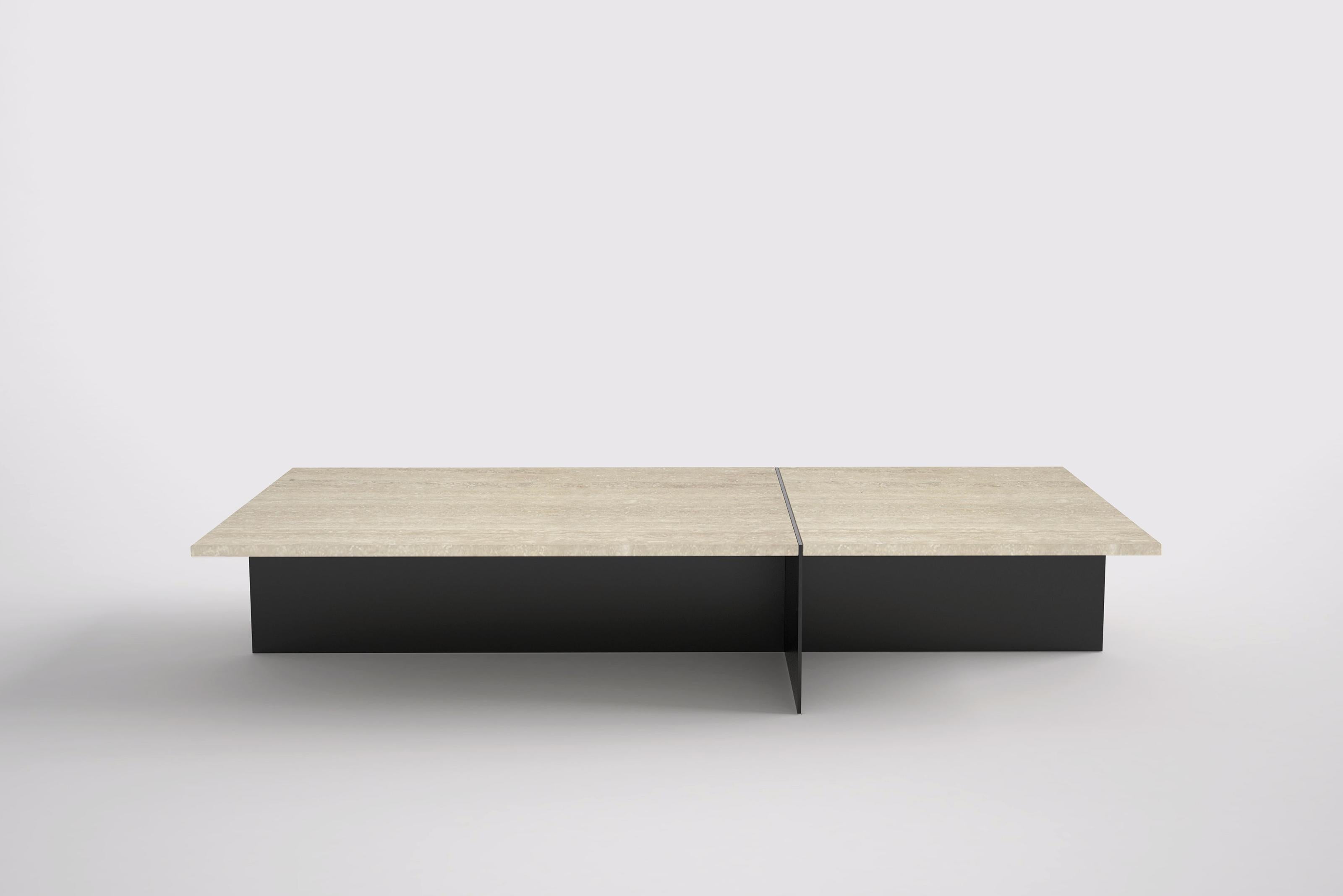 Division Rectangular Coffee Table by Phase Design
Dimensions: D 81,3 x W 162,6 x H 30,5 cm. 
Materials: Powder-coated solid steel and travertine.

Solid steel sheet available in a flat black or white powder coat finish. Powder coat finishes are