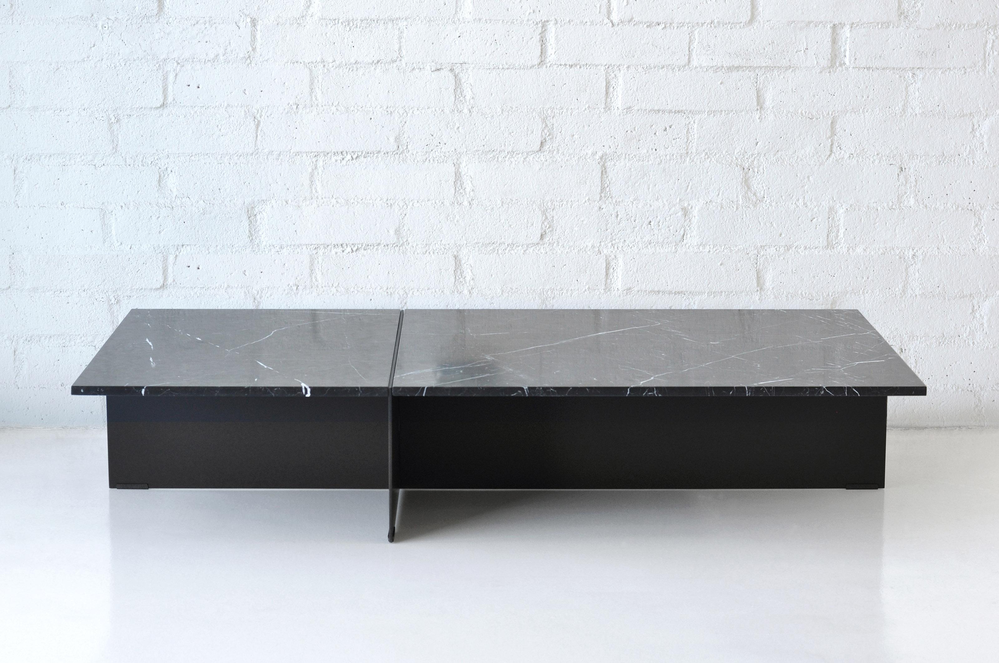 Division Rectangular Coffee Table by Phase Design
Dimensions: D 81,3 x W 162,6 x H 30,5 cm. 
Materials: Powder-coated solid steel and negro marquina marble.

Solid steel sheet available in a flat black or white powder coat finish. Powder coat