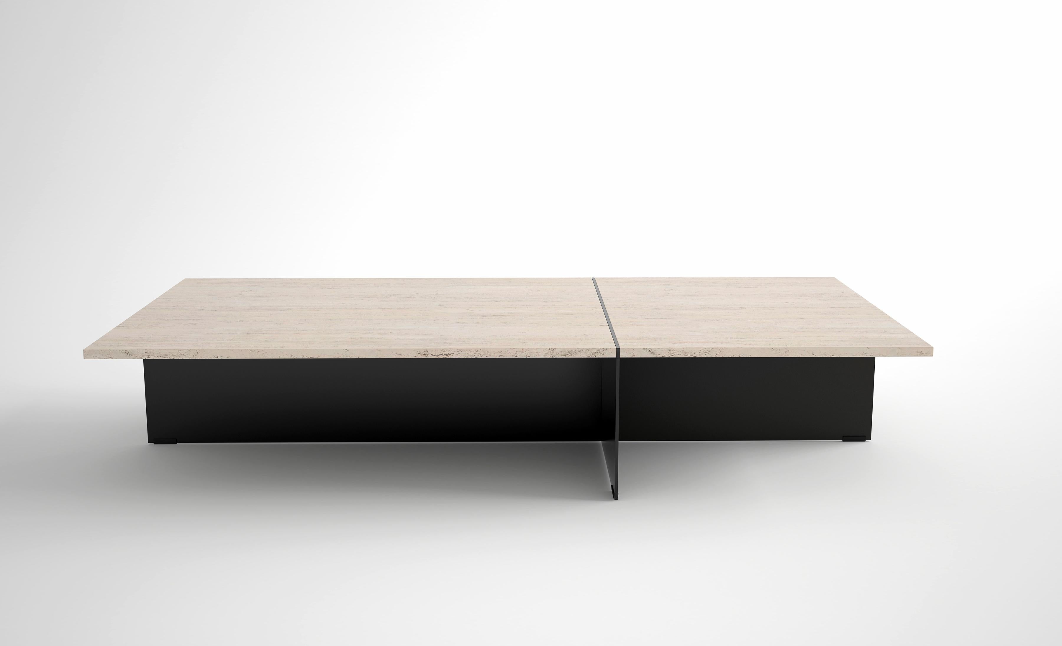 Division Rectangular Coffee Table by Phase Design
Dimensions: D 81,3 x W 162,6 x H 30,5 cm. 
Materials: Powder-coated solid steel and white Carrara marble.

Solid steel sheet available in a flat black or white powder coat finish. Powder coat