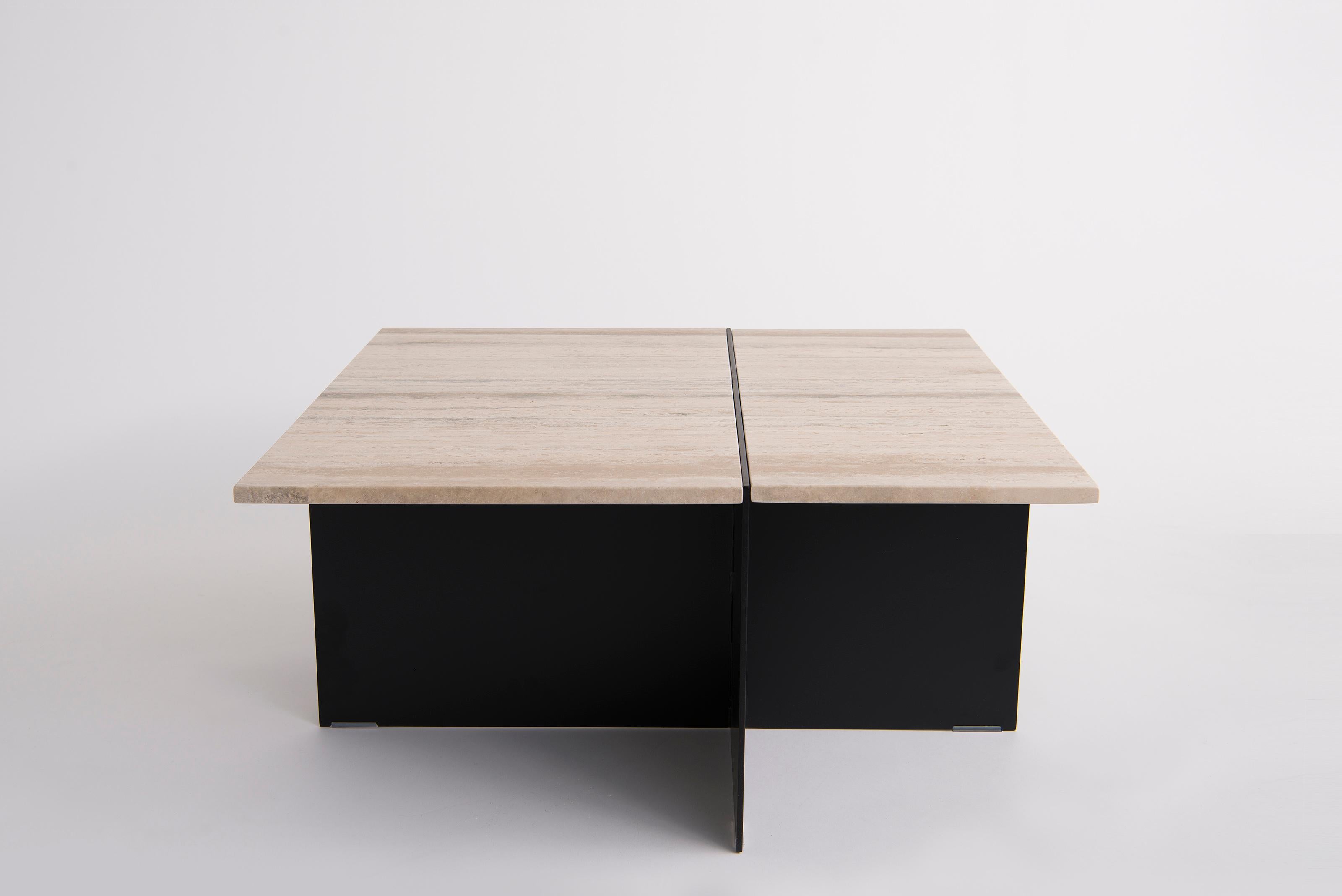 Division Square Coffee Table by Phase Design
Dimensions: D 81,3 x W 81,3 x H 38,1 cm. 
Materials: Powder-coated solid steel and travertine.

Solid steel sheet available in a flat black or white powder coat finish. Powder coat finishes are available