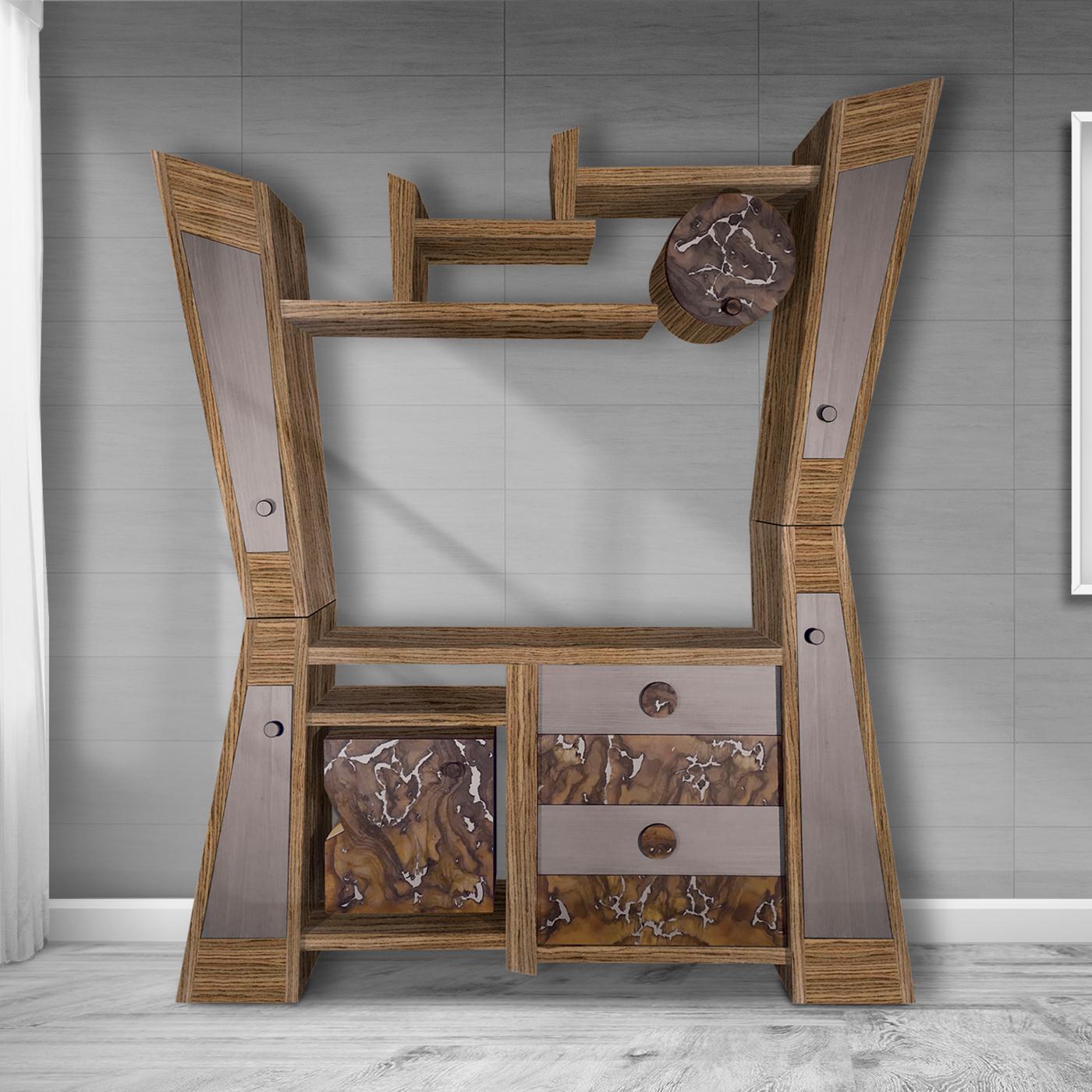 Holding a TV measuring at most 50 inches (112 x 65Hcm), this design is a cabinetmaking gem designed with eclecticism in mind. Solid wood and plywood partially veneered in gray wood and adorned with aluminum-inlaid walnut briar distinguishes its