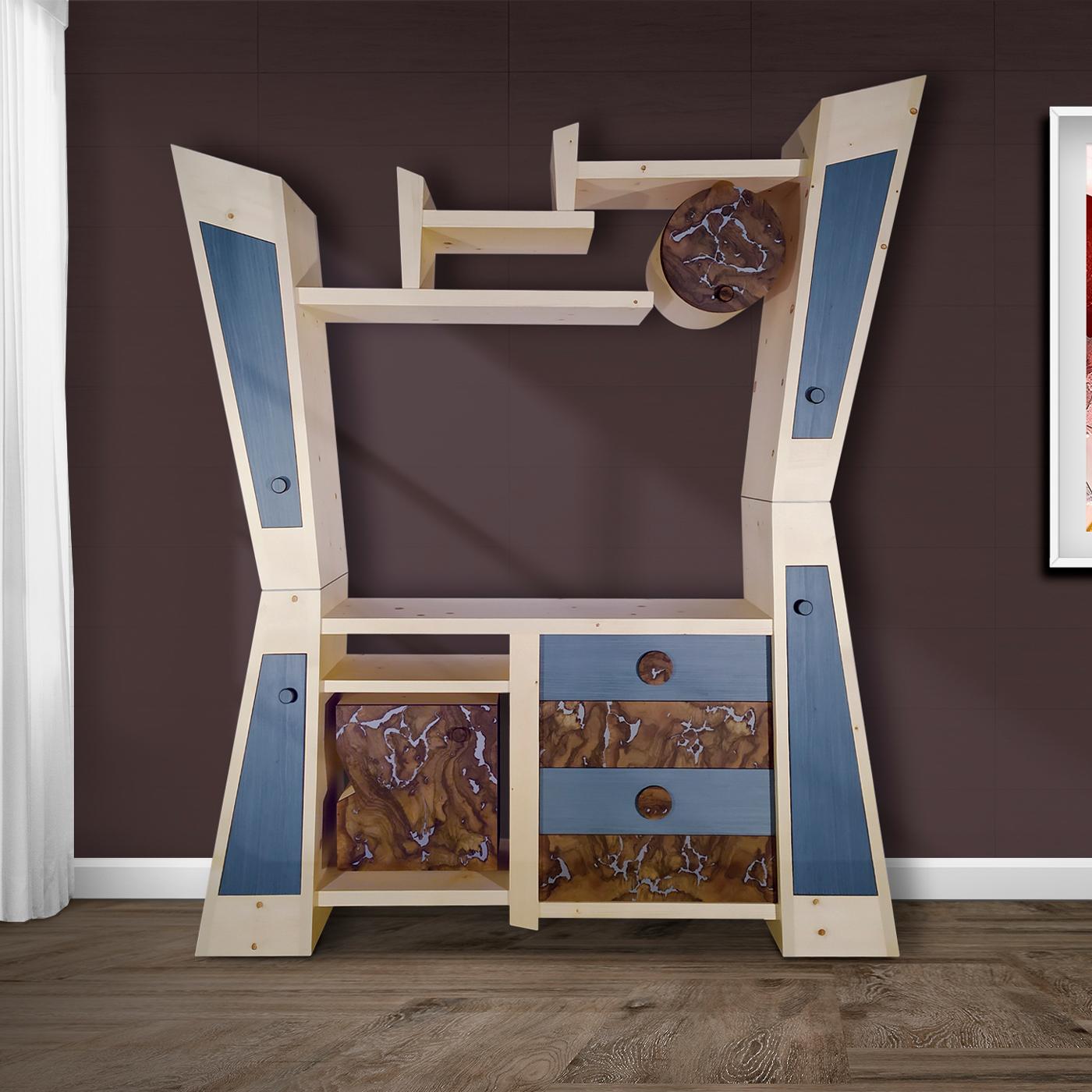 An exquisite piece that will surely bring an eclectic accent to coastal homes, this TV cabinet stands out for its dynamic lines and daring combination of solid spruce and azure-stained veneer. Prized walnut briar inserts inlaid with liquid aluminum