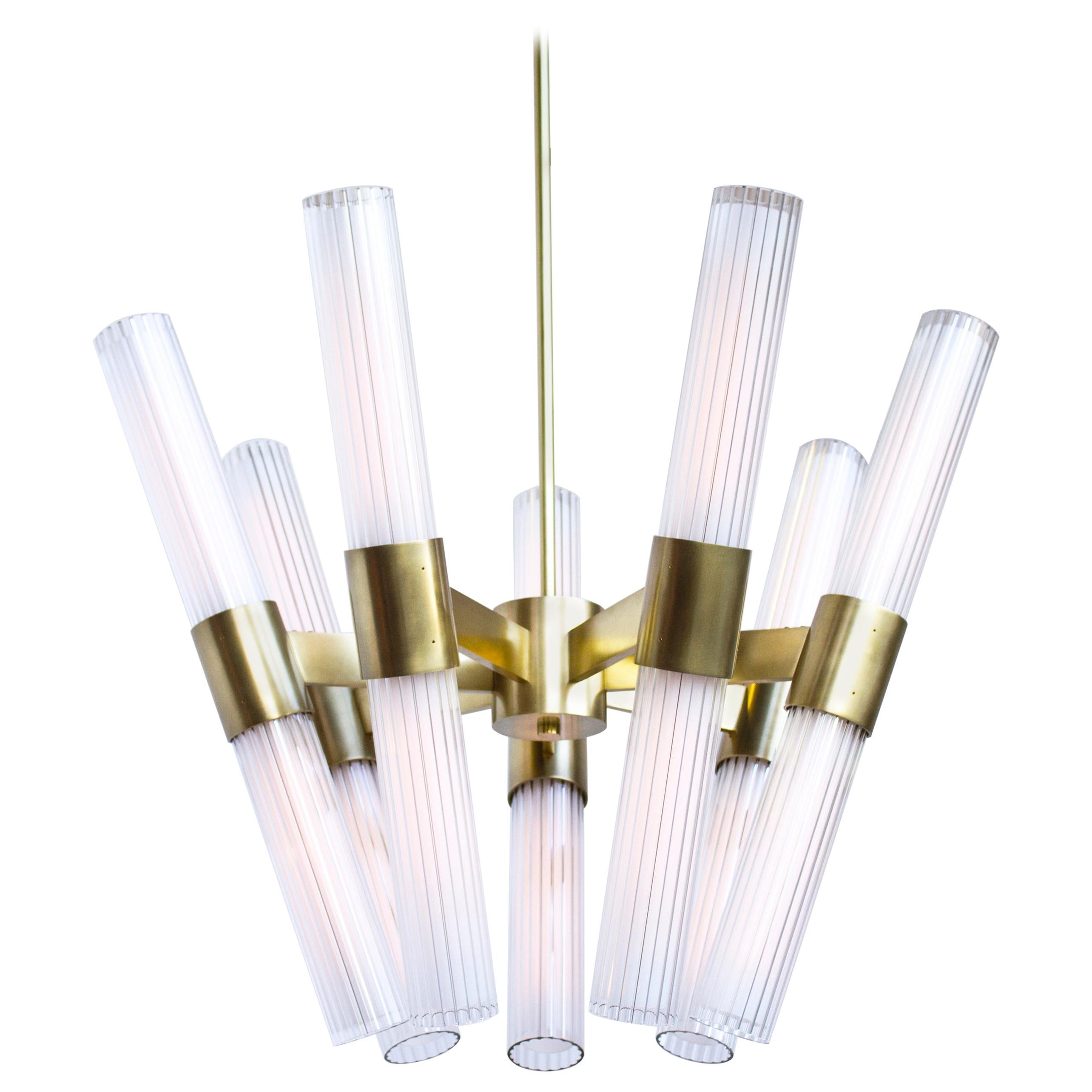 Dixie 14-Light Chandelier with Burnished Brass Finish and Fluted Glass For Sale
