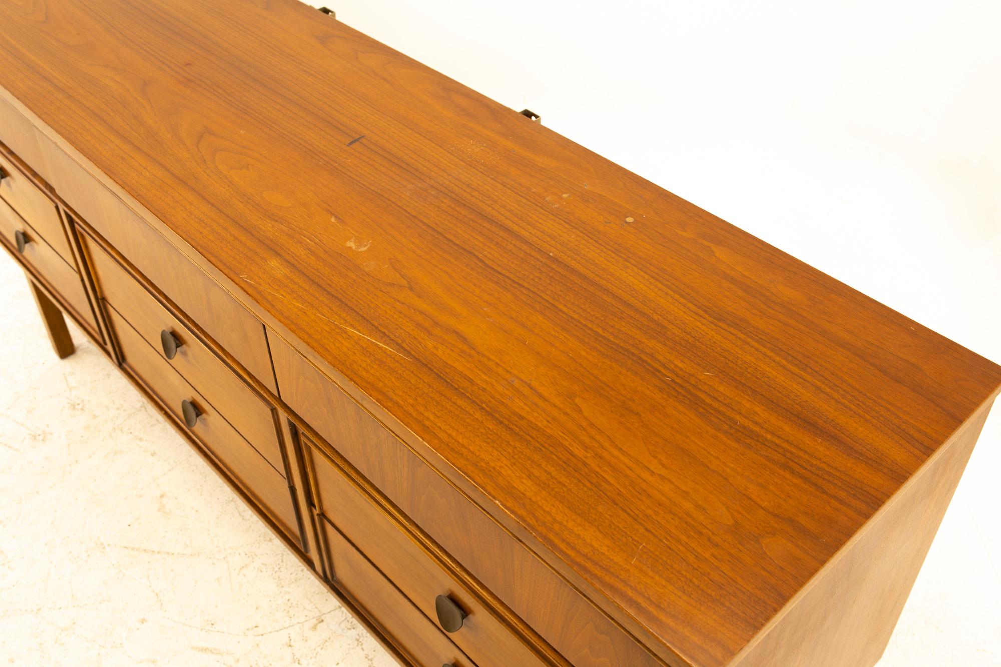 American Dixie Furniture Mid Century Walnut 9-Drawer Lowboy Dresser