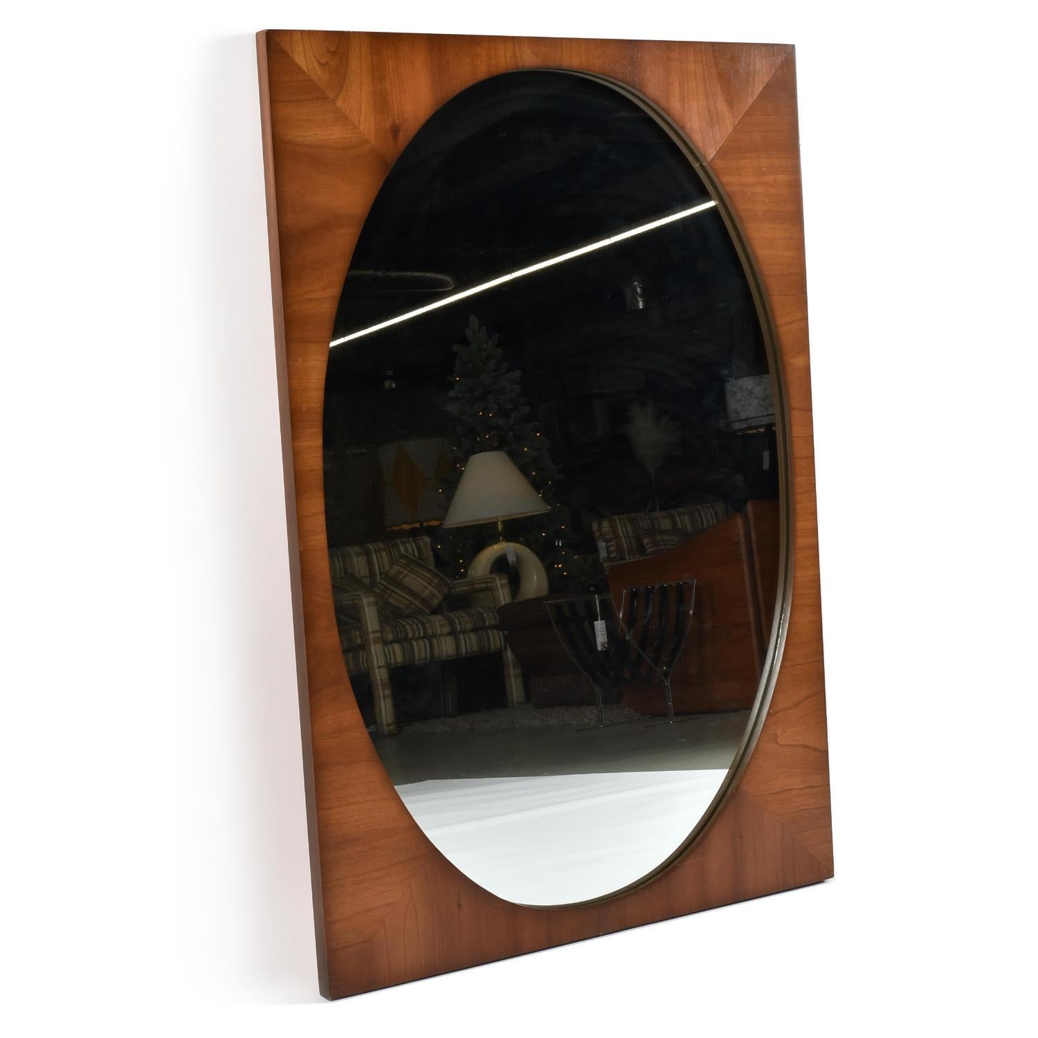 American Dixie Mid-Century Modern Walnut Rectangular Wall Mirror with Oval Inset