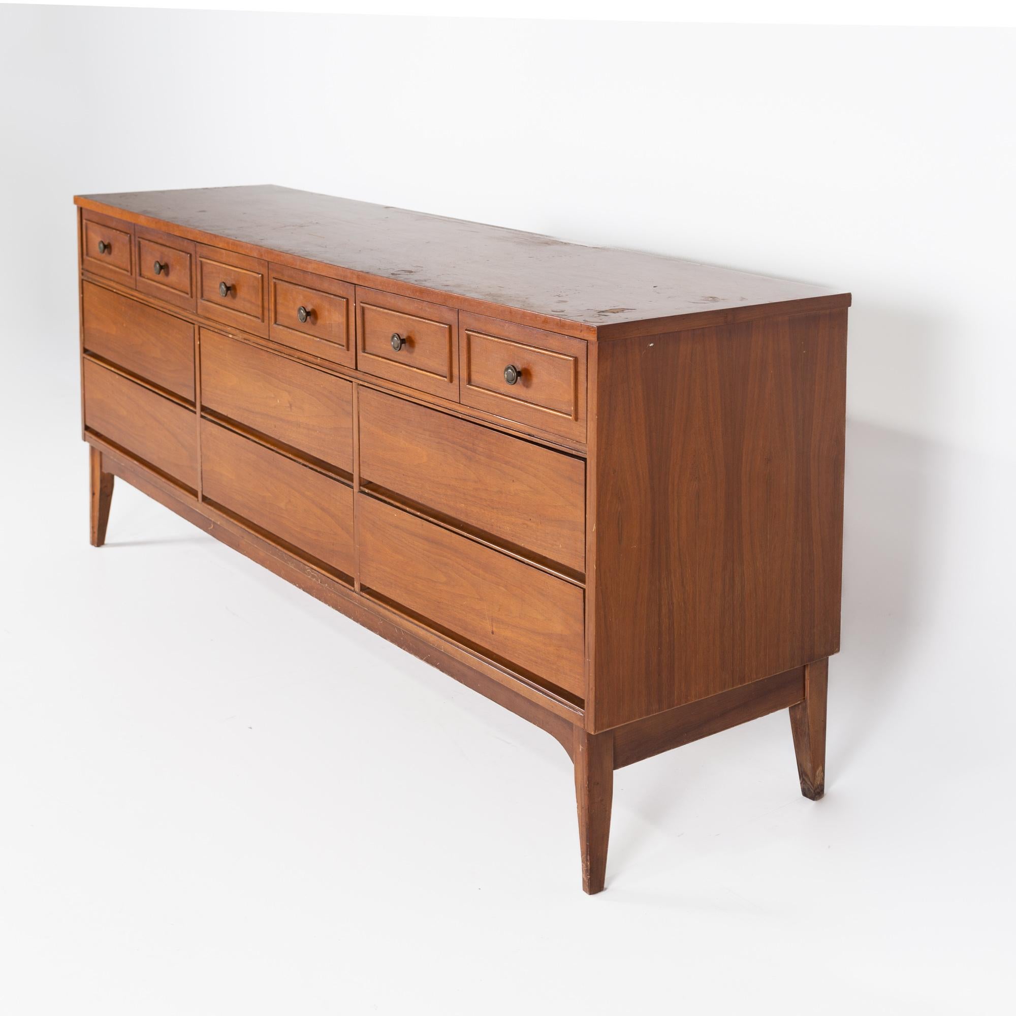 Mid-Century Modern Dixie Mid Century Walnut 9 Drawer Lowboy Dresser