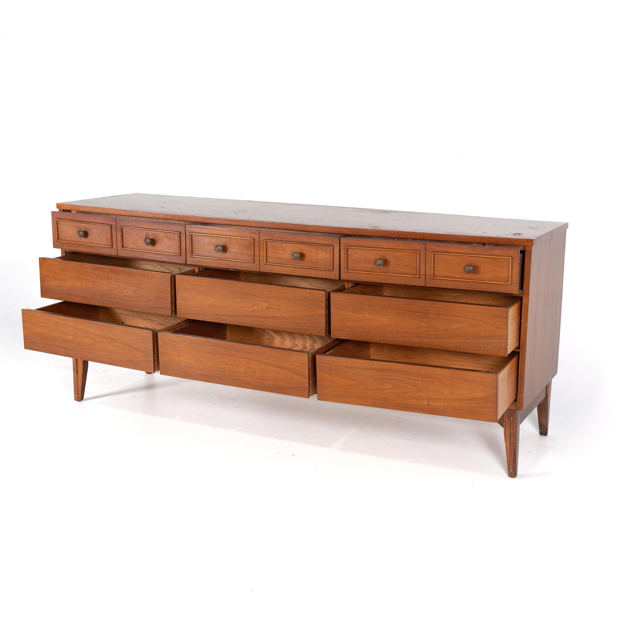 Dixie Mid Century Walnut 9 Drawer Lowboy Dresser 1