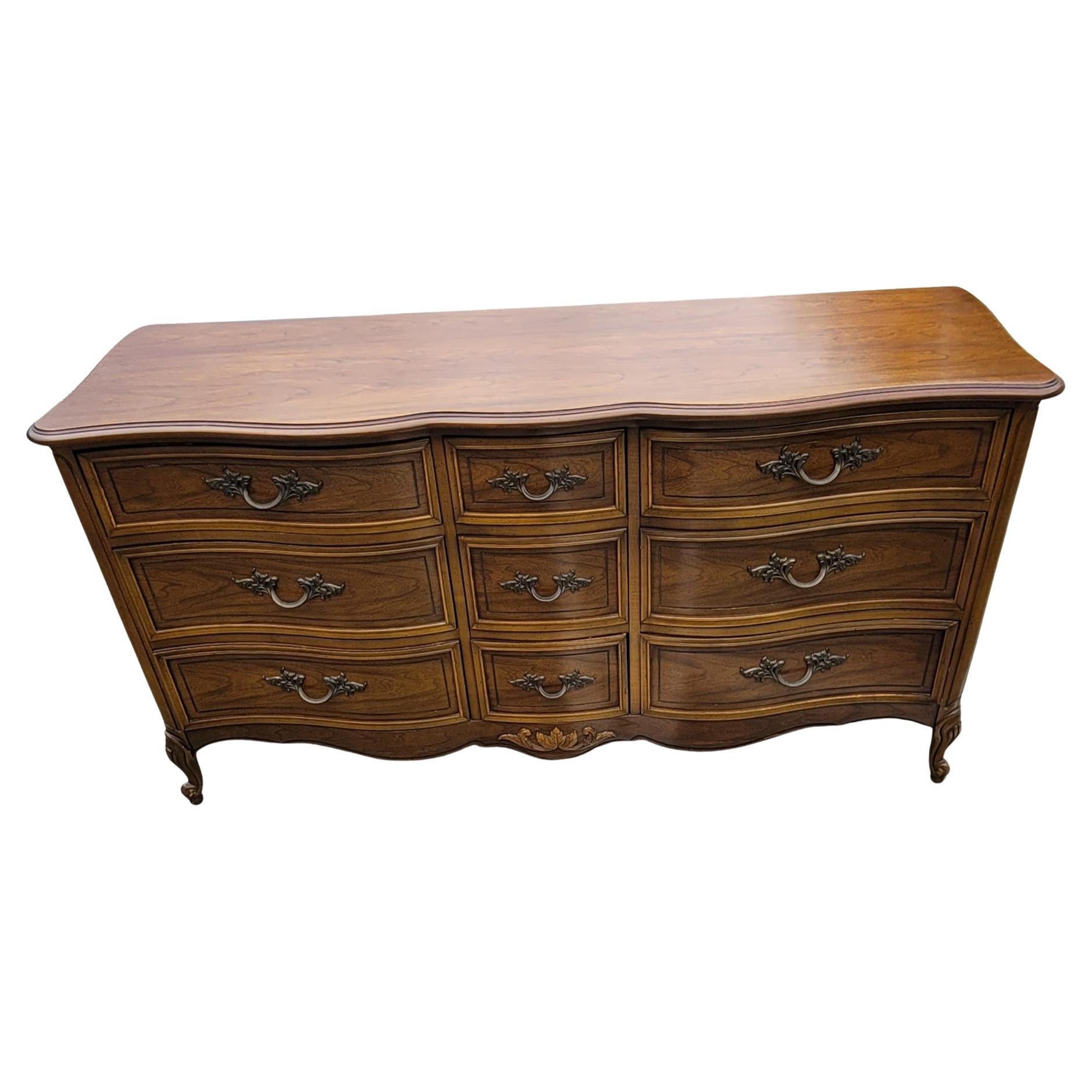 French Provincial Dixie Provincial Style Walnut 9-Drawer Triple Dresser with Mirror