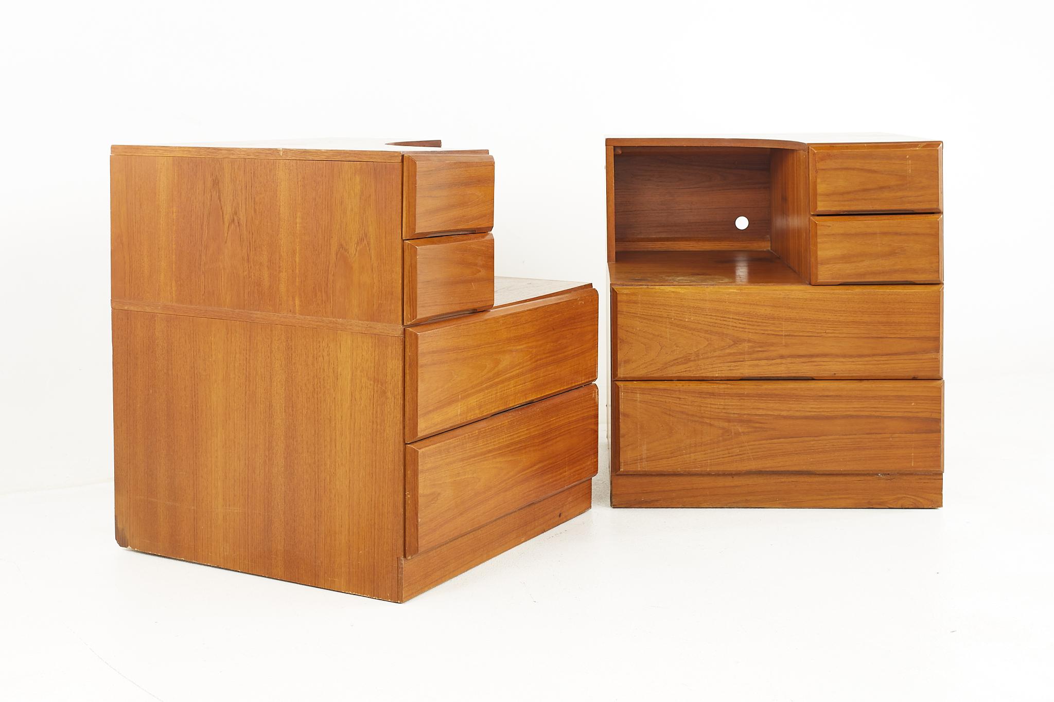 Dixie Scova mid-century teak nightstands - a pair.

Each nightstand measures: 26 wide x 26 deep x 29.25 inches high.

All pieces of furniture can be had in what we call restored vintage condition. That means the piece is restored upon purchase