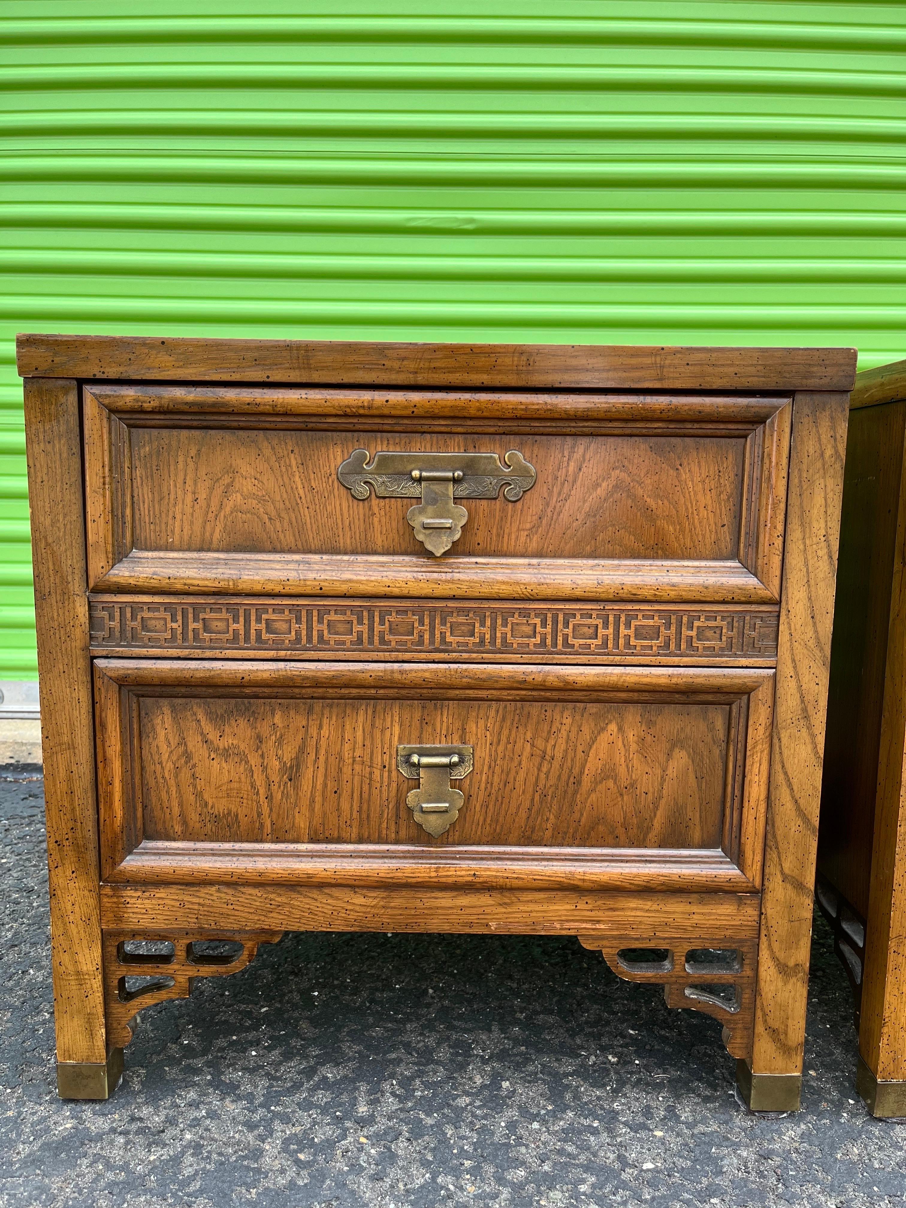 Asian inspired Mid Century nightstands by Dixie. Shangri-La line. Period pieces with a sophisticated vibe. Nice deep detail. Wood case with wood grain laminate tops. Would make great end tables as well.
Curbside to NYC/Philly $350