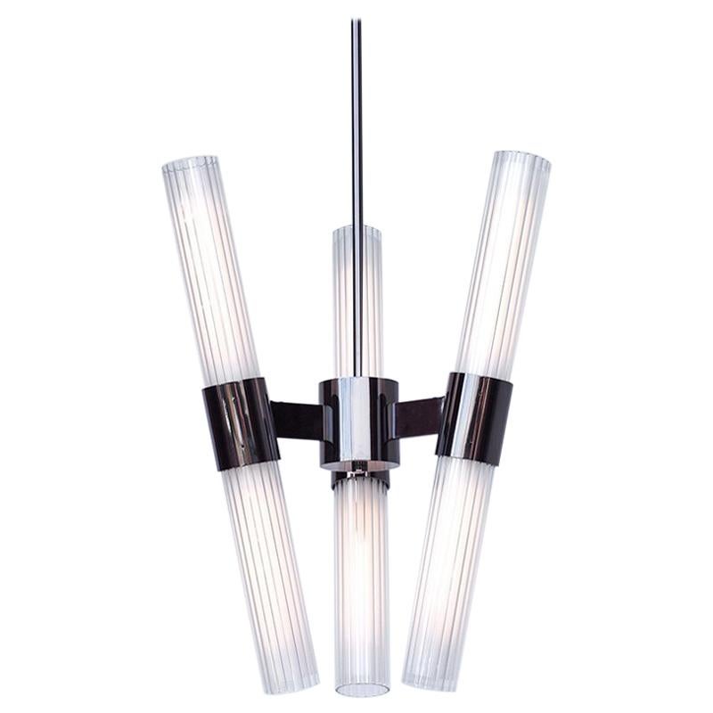 Dixie Six-Light Chandelier with Polished Black Nickel Finish and Fluted Glass For Sale