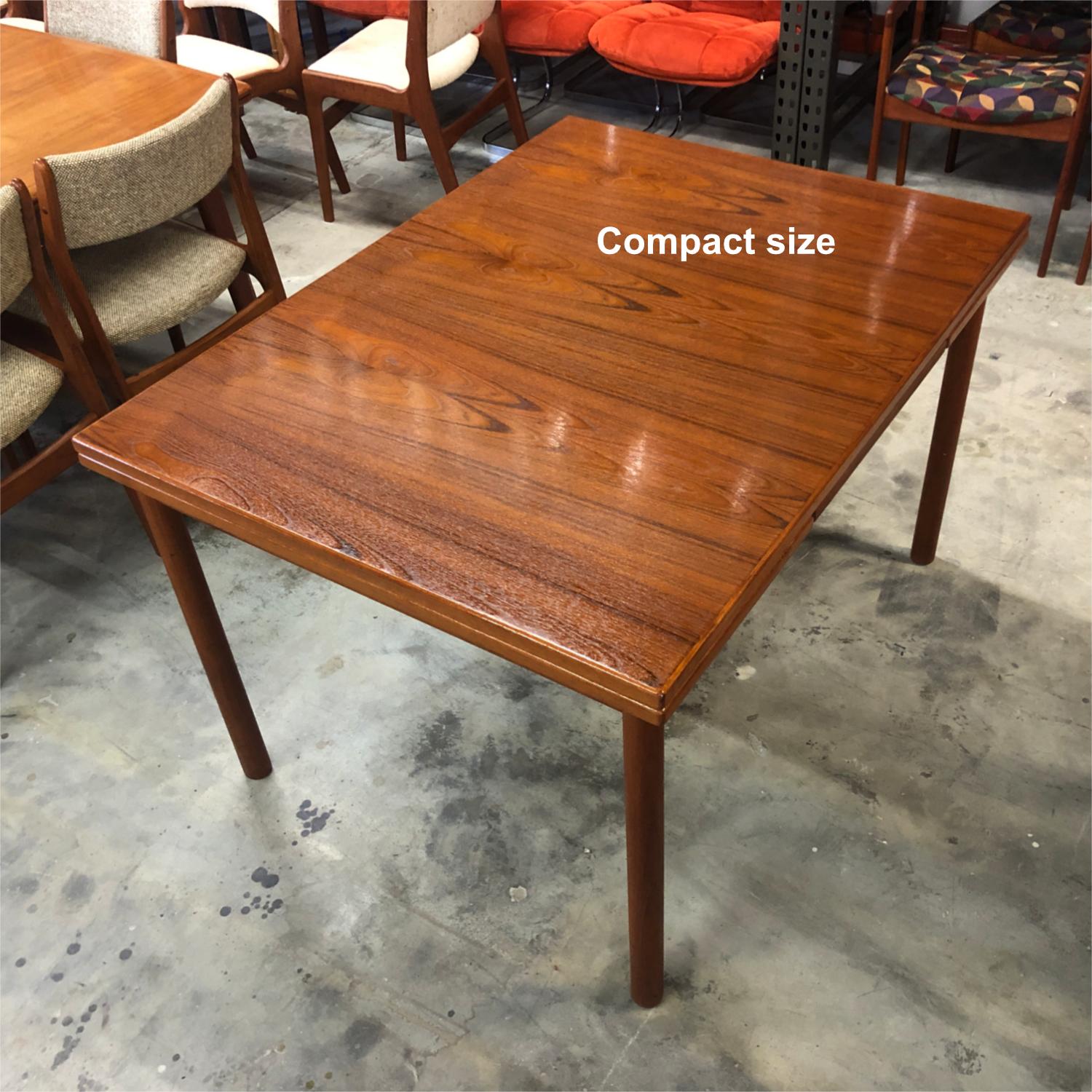 American Mid-Century Modern dining table made by Dixie. American maker’s worked primarily in walnut, almost never diving into teak. However, after the witnessing the desirability of Danish teak, these yanks jumped on board. This table is smaller