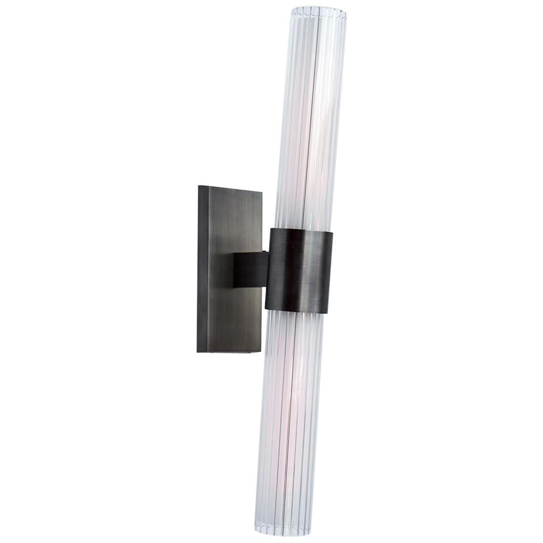 Dixie Wall Sconce in a Pewter Finish with Fluted Glass & White Acrylic Diffuser For Sale