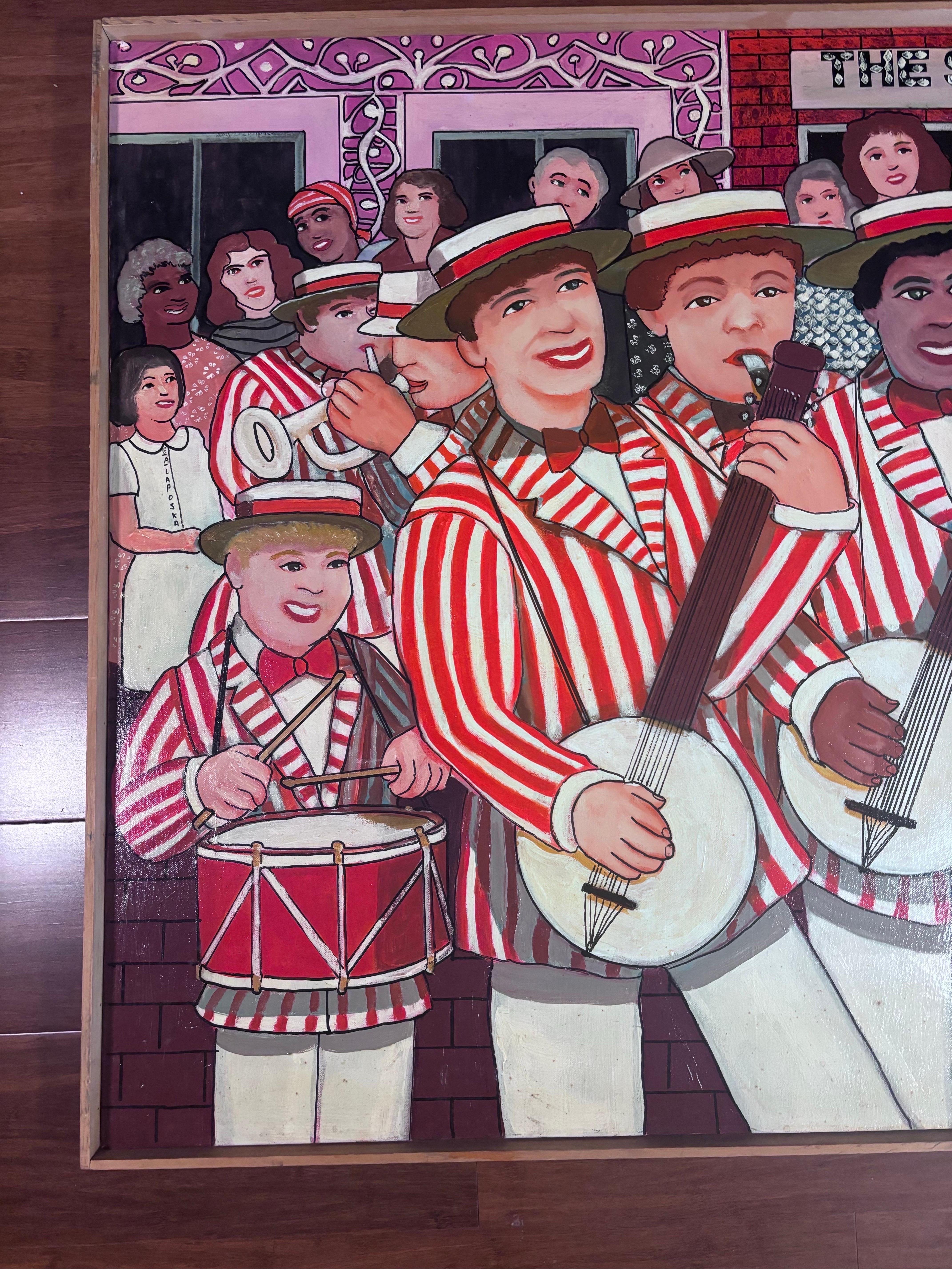 Dixieland Banjos

Unique Oil Painting by Self Taught Outsider Surrealist Folk Artist Gloria Laposka (1922-2015)

A unique and vibrant colored , hand painted oil on board Folk Art masterwork depicting seven performers all suited in vibrant red and