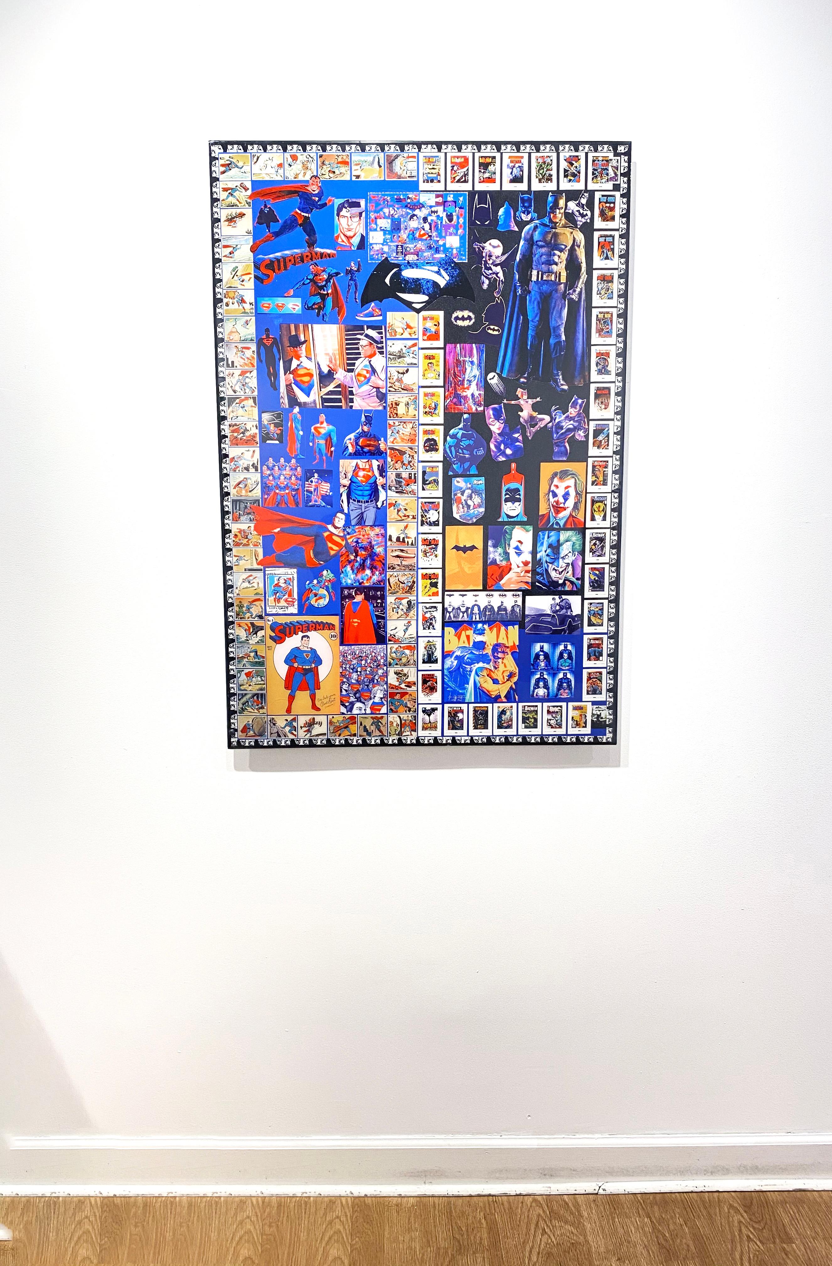 'Superman and Batman' by DJ Leon, 2020. The piece measures 44.5 x 30.5 inches. This digital C print on aluminum with resin incorporates, appropriates, and combines images of Batman, Superman, along with comic book imagery. DJ Leon's signature frame