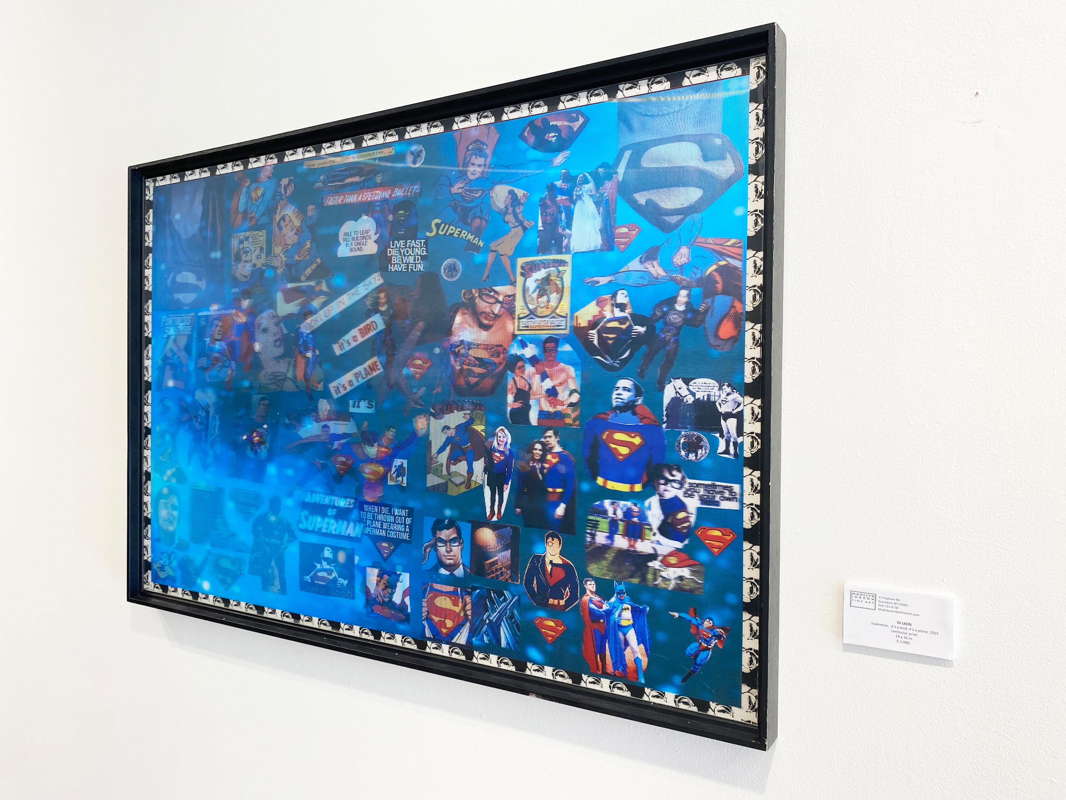 'Superman: It's a Bird, It's a Plane' by DJ Leon, 2014. Lenticular print, 24 x 36 inches. Ed. of 5.  This work incorporates, appropriates, and combines images and text found in the Superman comics. The work moves and shifts as the viewer changes