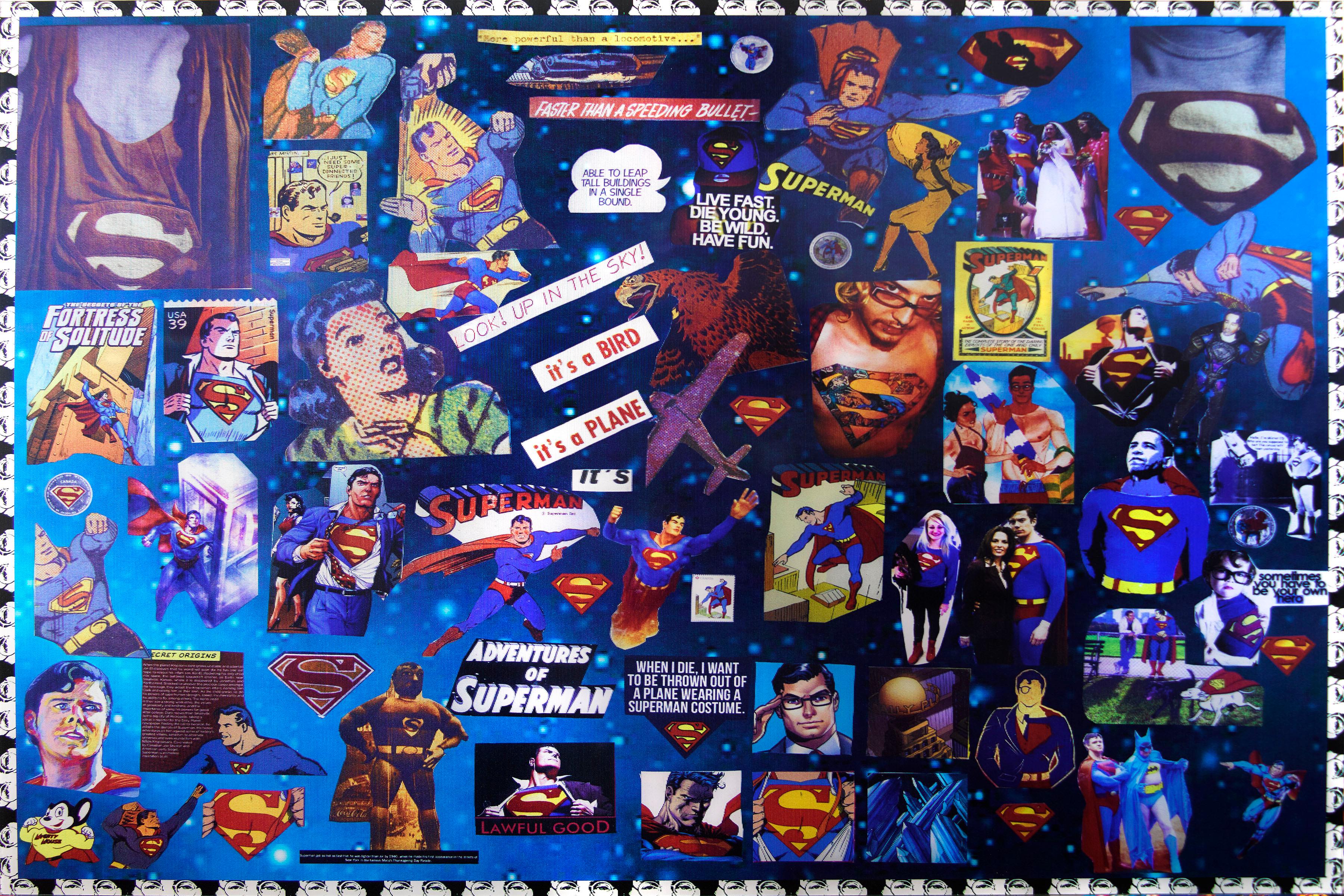 superman: It's a Bird, It's a Plane" von DJ Leon, 2014. Lentikulardruck, 24 x 36 Zoll. Ed. von 5.  In diesem Werk werden Bilder und Texte aus den Superman-Comics verwendet, angeeignet und kombiniert. Das Werk bewegt und verschiebt sich, wenn der