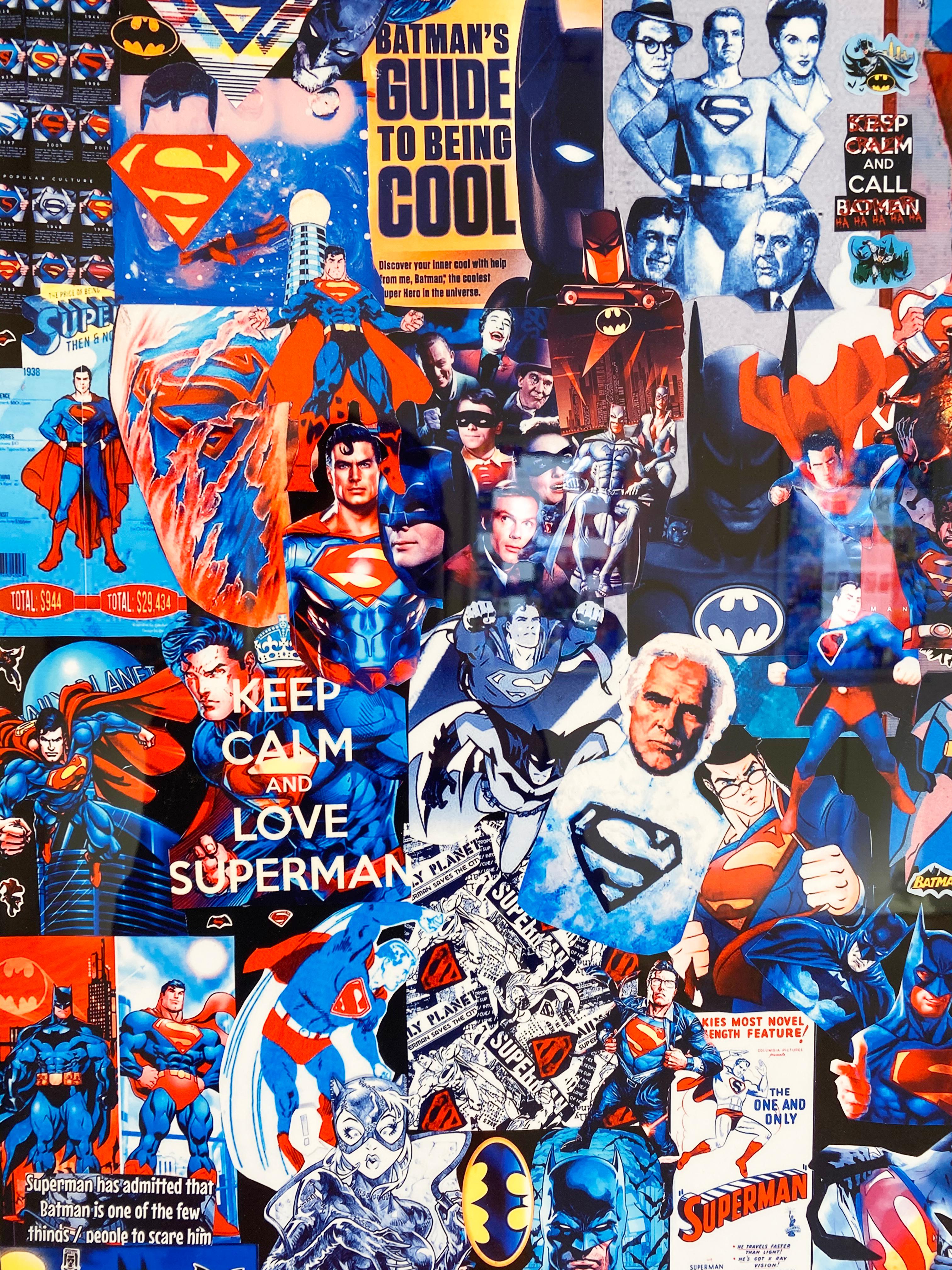 'Superman, Batman, Coronavirus' by DJ Leon, 2020. 48 x 28 in. A dye-sublimation print on aluminum that is saturated in colors of reds, blues, and whites. The image incorporates, appropriates, and combines found images of Superman and Batman that