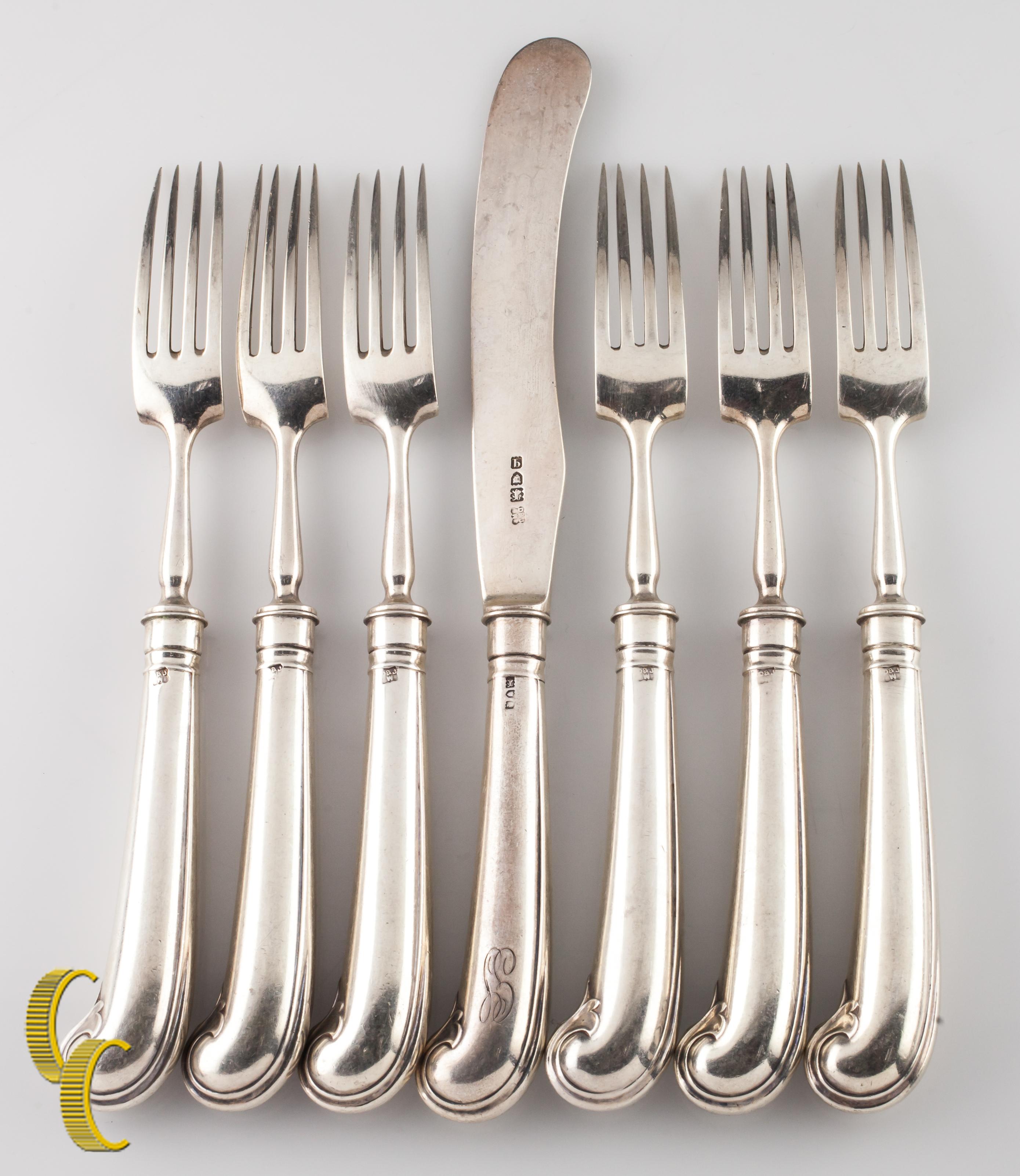 
D&J Welby Sterling Silver Flatware Set 6 Forks and 1 Butter Knife London 1911

Six Forks and one Butter Knife by D&J Welby Co.
Sterling Silver
London Hallmark
Assay Date Mark: 1911
Pieces are in Good Vintage Condition. Some Minor scratches and
