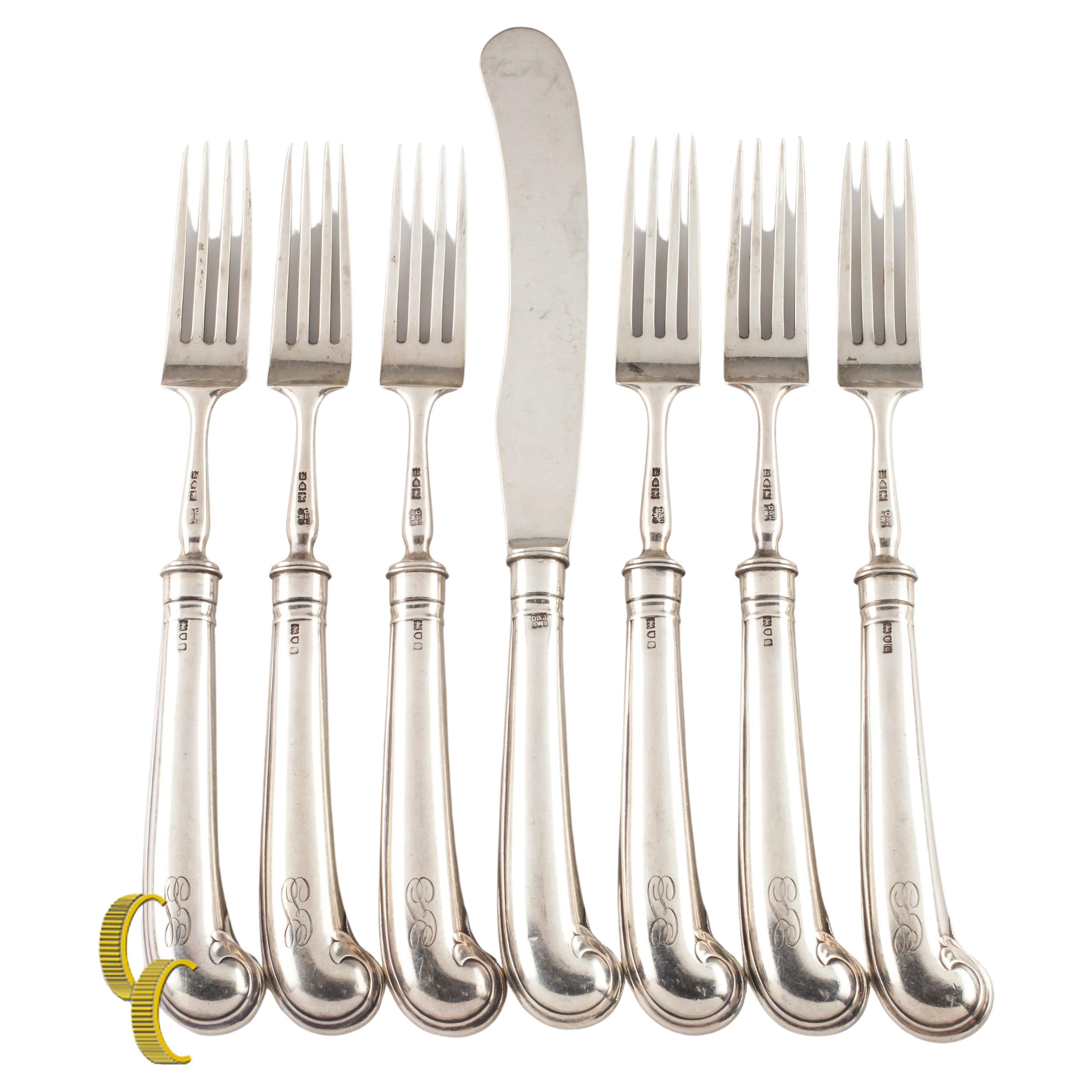 D&J Welby Sterling Silver Flatware Set 6 Forks and 1 Butter Knife London 1911 For Sale