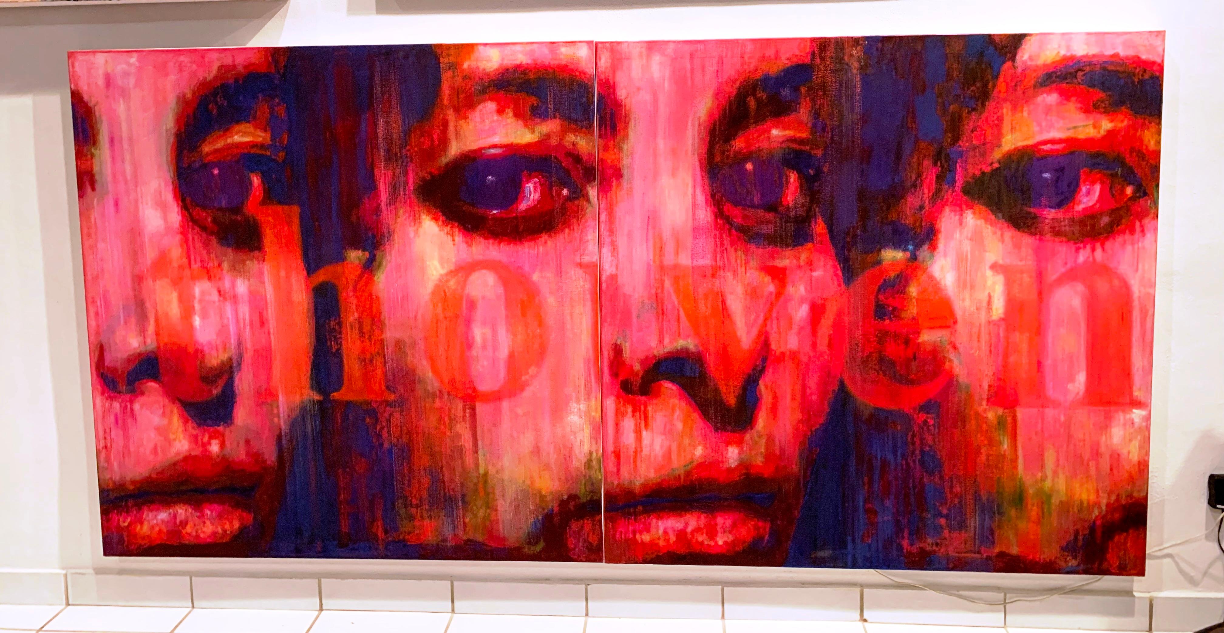 Originale ritratto su tela in rosa e blu di grandi dimensioni di una poesia - Painting di Djawid Borower