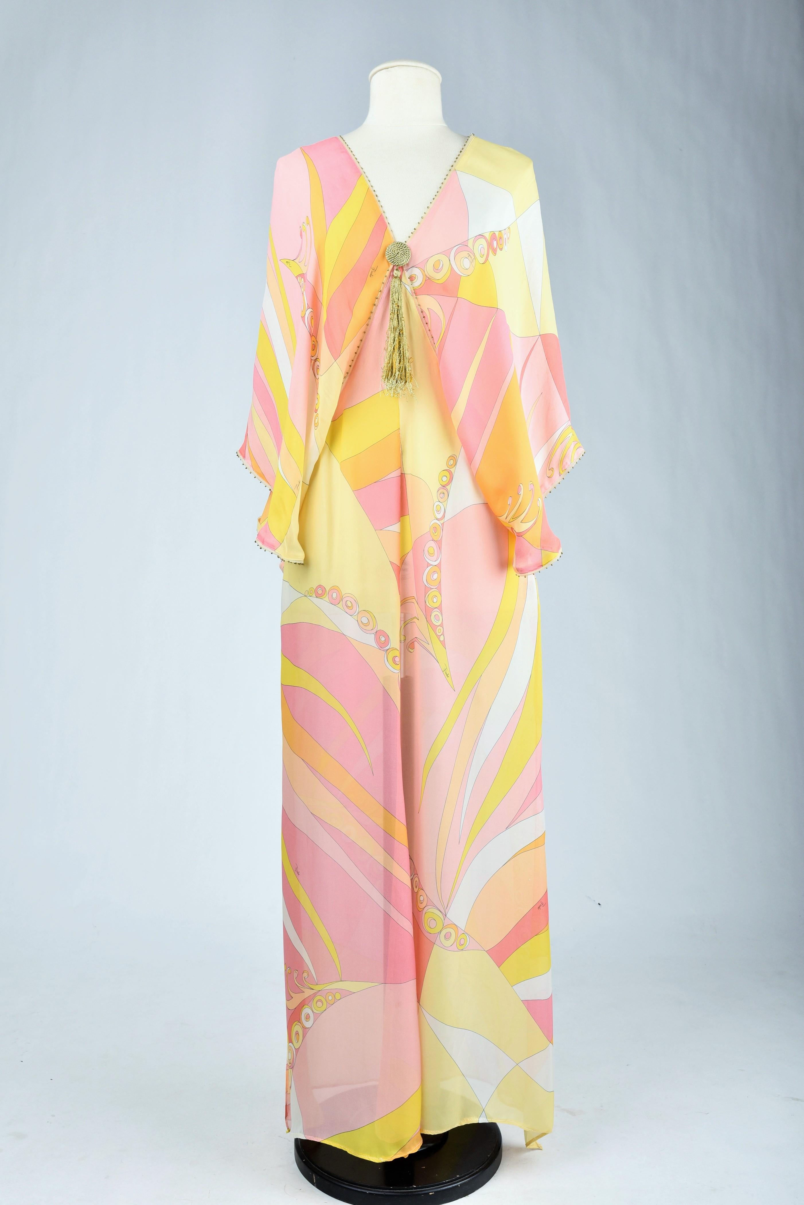 Orange Djellaba dress by Emilio Pucci in printed silk chiffon Circa 2000