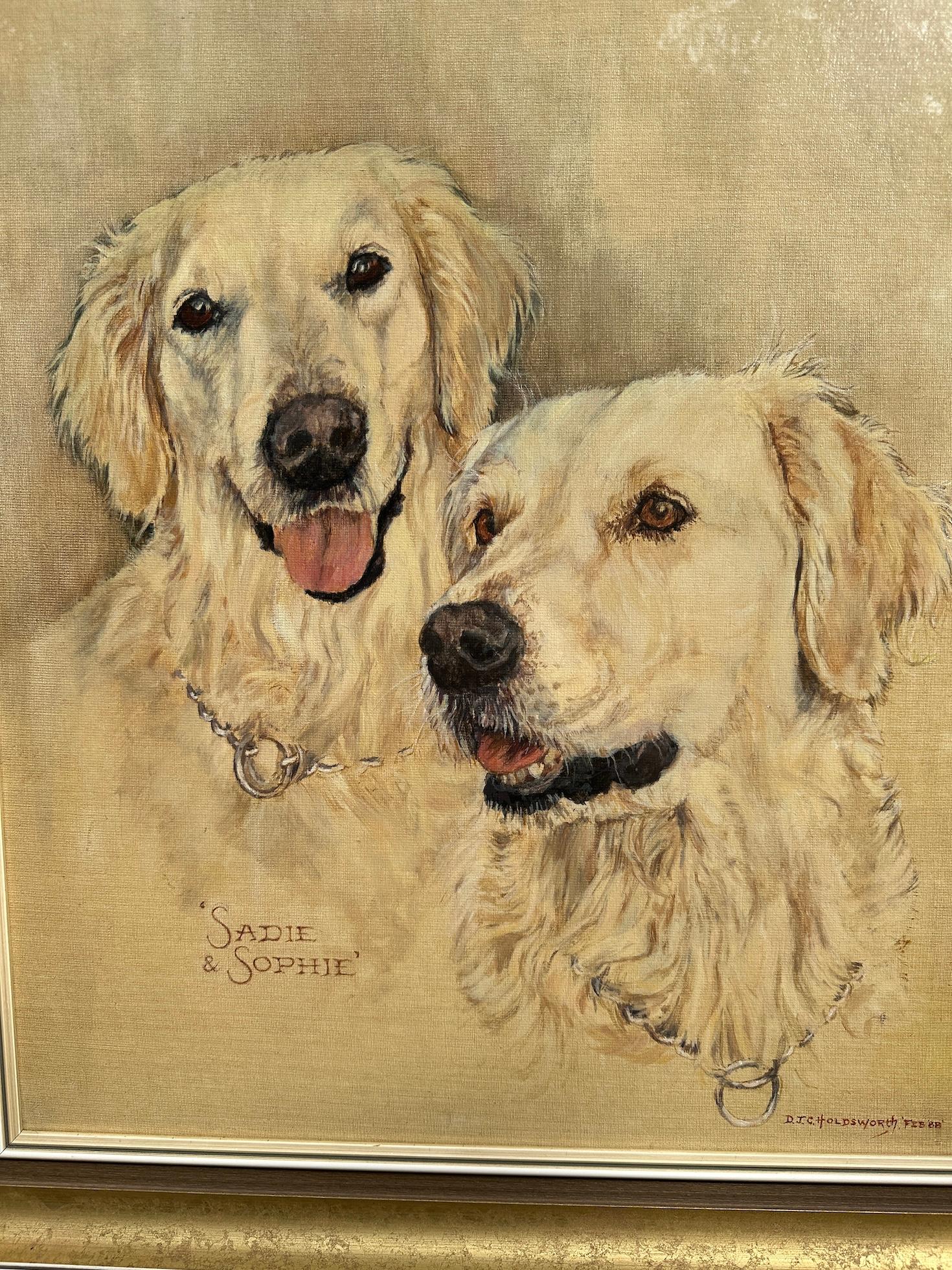 20th century English portrait of two Labrador Retriever dogs Sadie & Sophie - Painting by D.J.Holdsworth