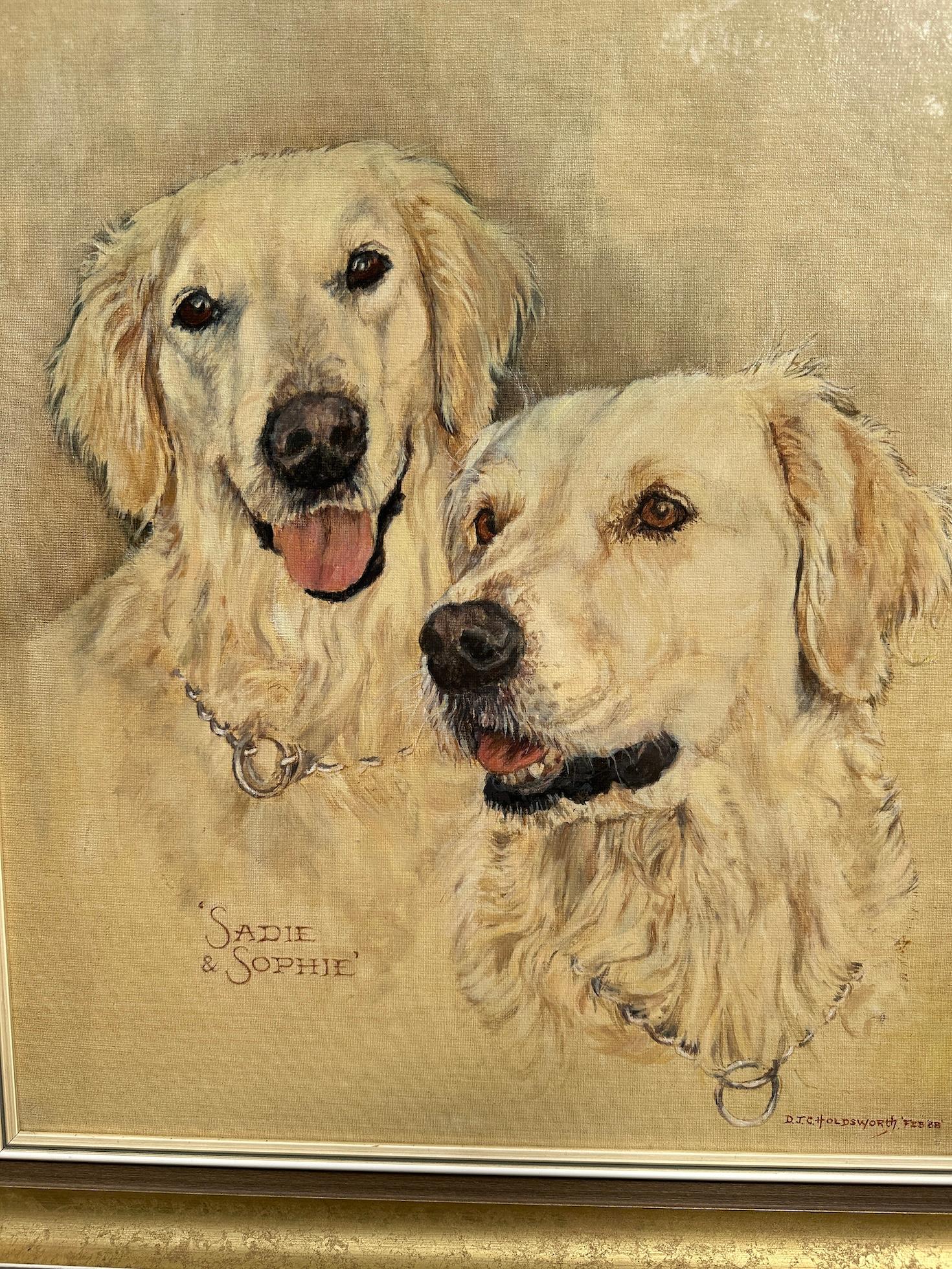 Englisches Porträt zweier Labrador-Reithunde Sadie und Sophie aus dem 20. Jahrhundert (Moderne), Painting, von D.J.Holdsworth