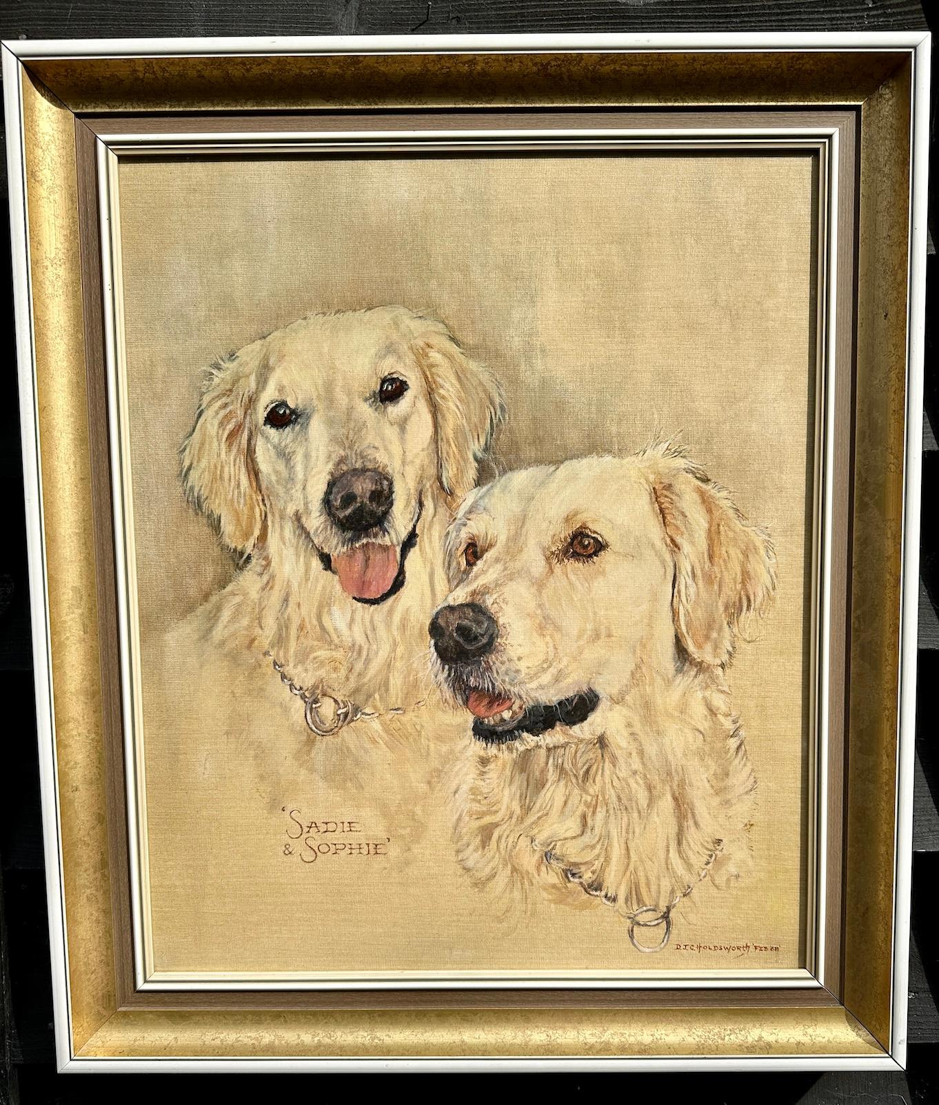 D.J.Holdsworth Animal Painting - 20th century English portrait of two Labrador Retriever dogs Sadie & Sophie