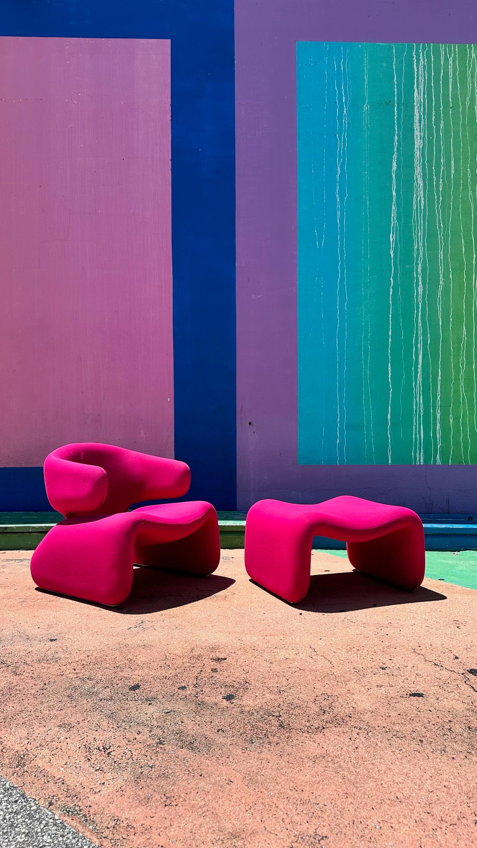 Iconic Djinn armchair and ottman designed by Olivier Mourgue for French company Airborne. Tubular steel frame and original fabric. Imported from Denmark. Needs upholstery. Ottoman measures 26.75w 23d 14h
