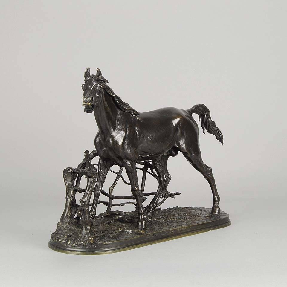 A very fine bronze study of a stallion standing behind a post and rail fence exhibiting excellent hand finished surface detail and good colour, entitled ‘Djinn Etlalon Barbe’, dated 1846 and signed P.J Mêne

Pierre-Jules Mêne Catalogue raisonée by